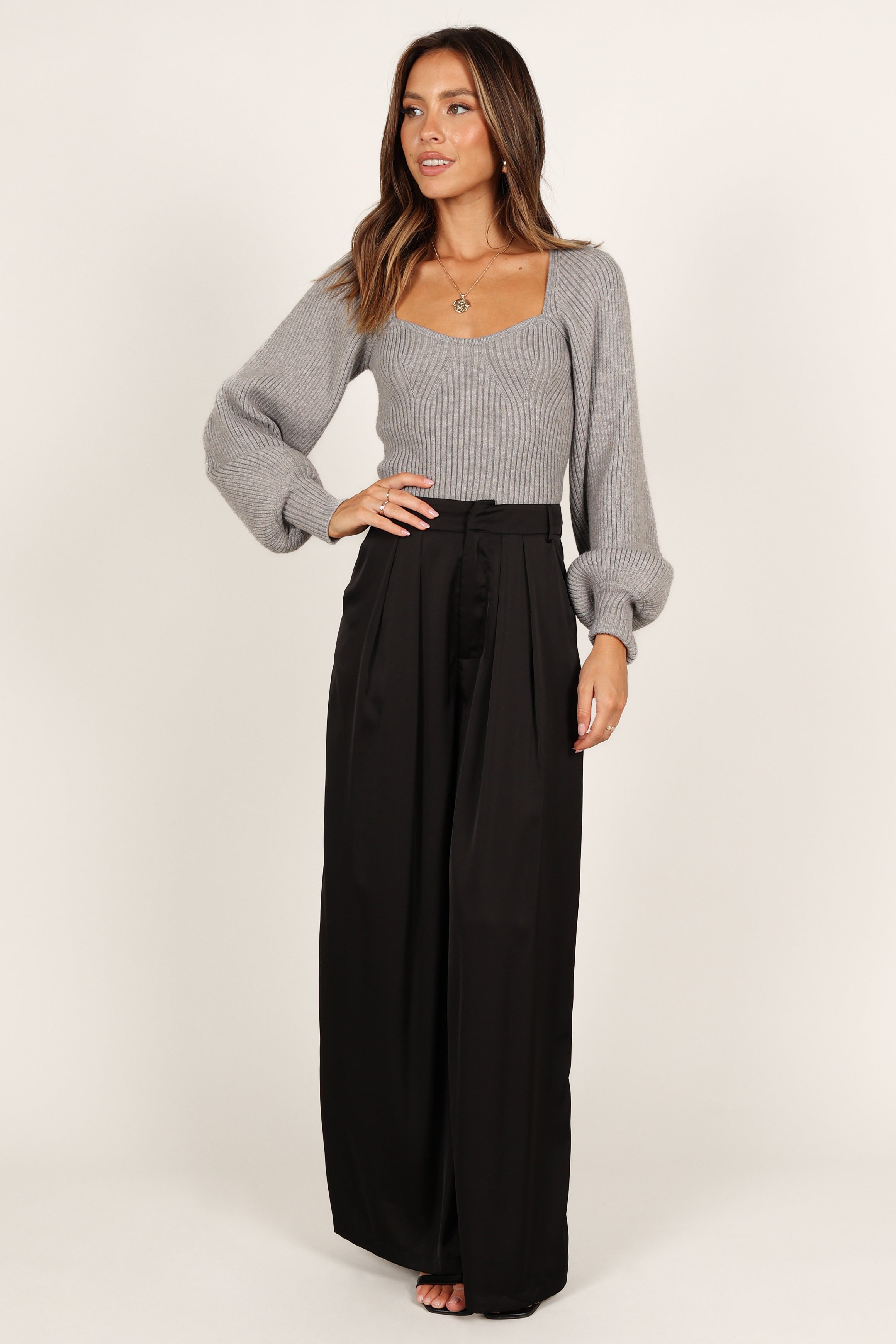 Gia Sweetheart Neck Bell Sleeve Knit Sweater - Light Grey