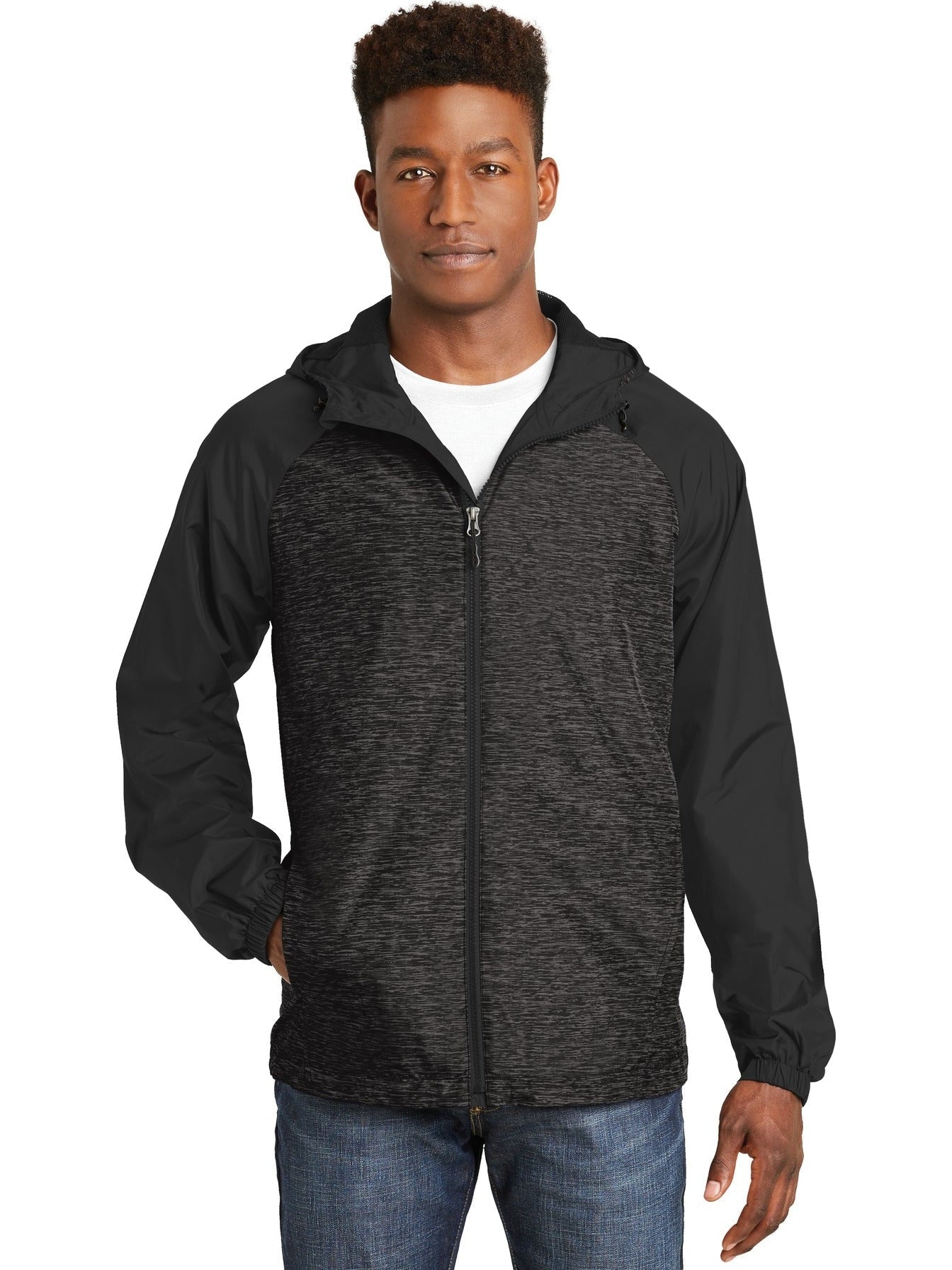 Sport-Tek Heather Colorblock Raglan Hooded Wind Jacket