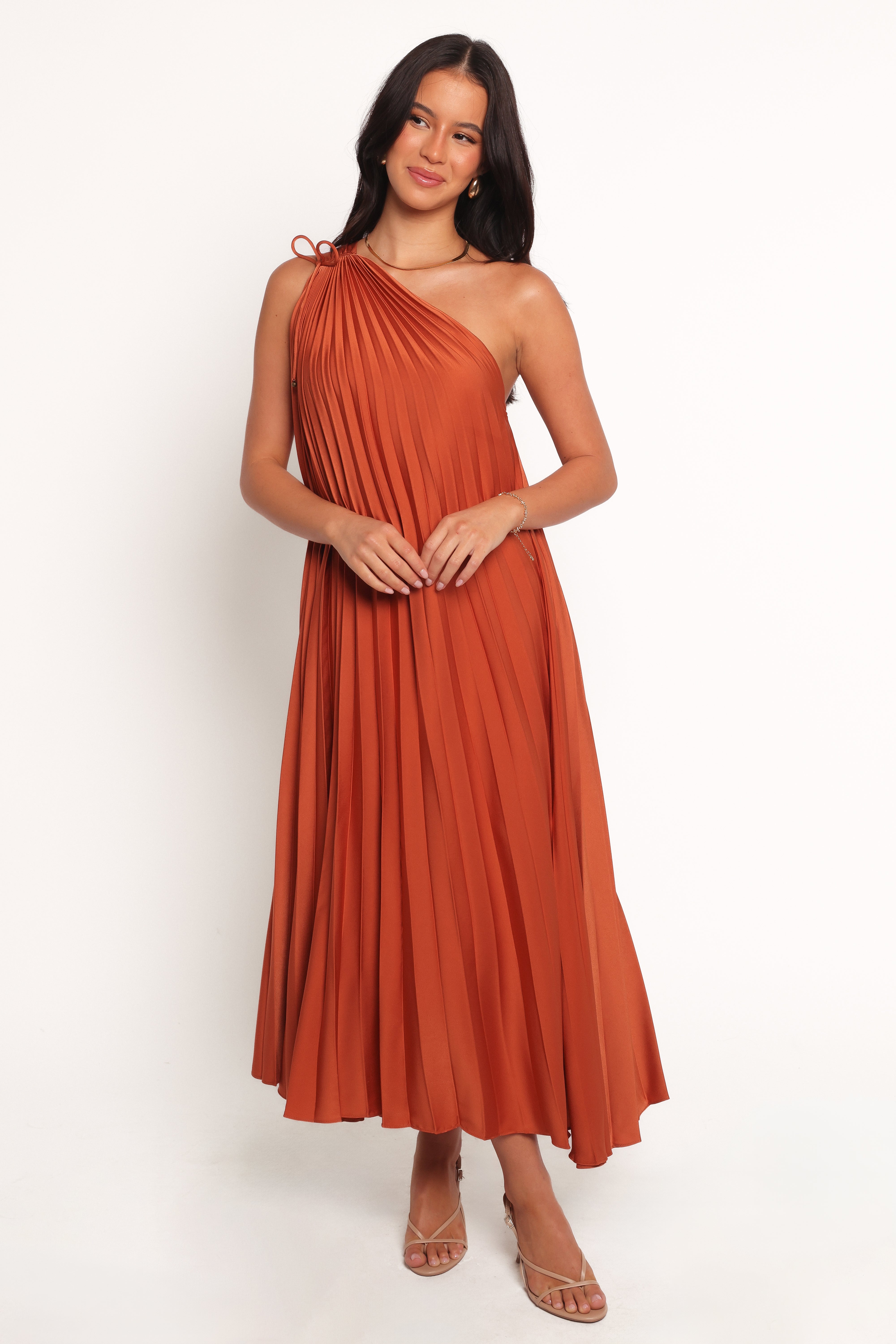 Selena One Shoulder Midi Dress - Russet Bronze