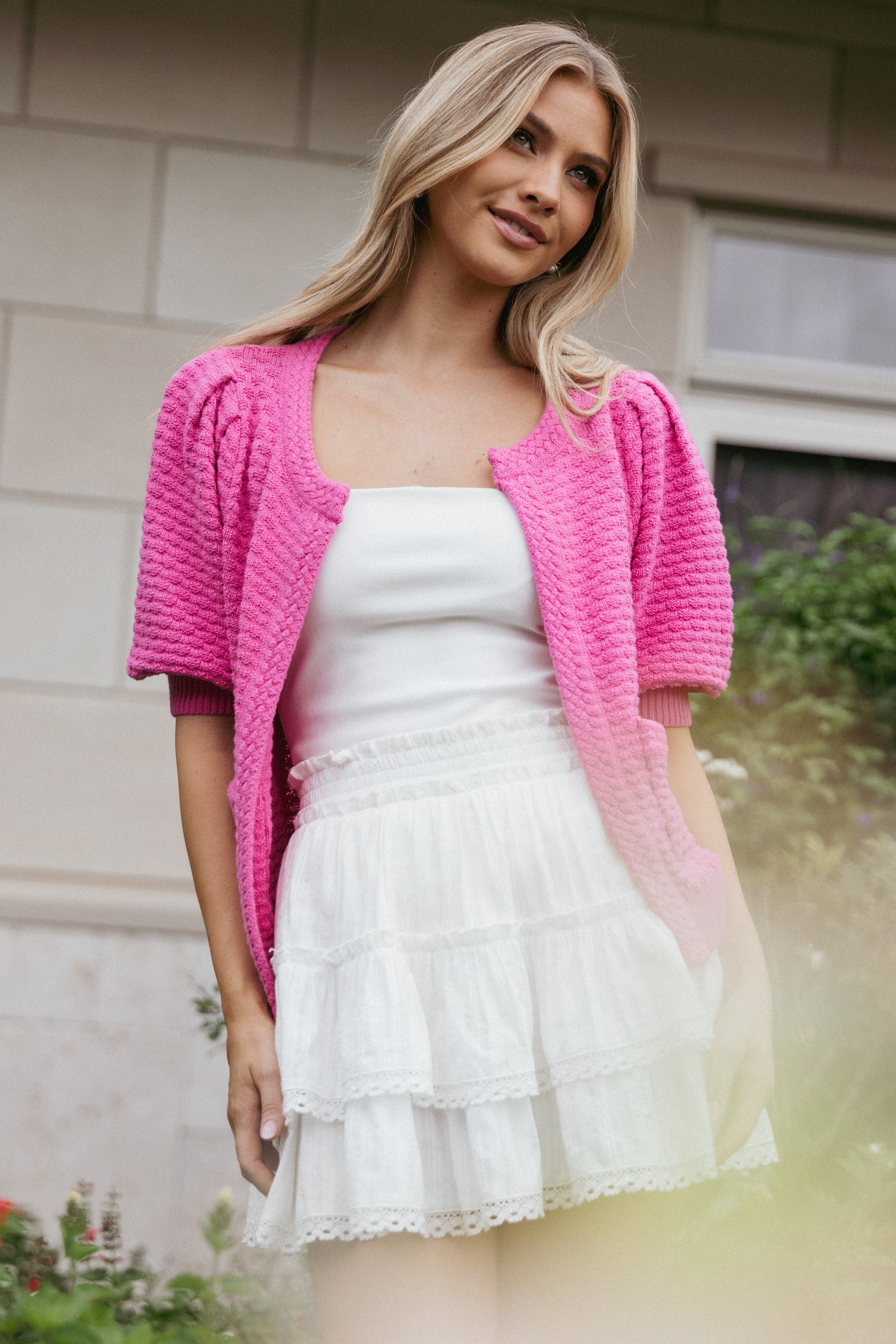 Greer Quarter Sleeve Cardigan - Hot Pink