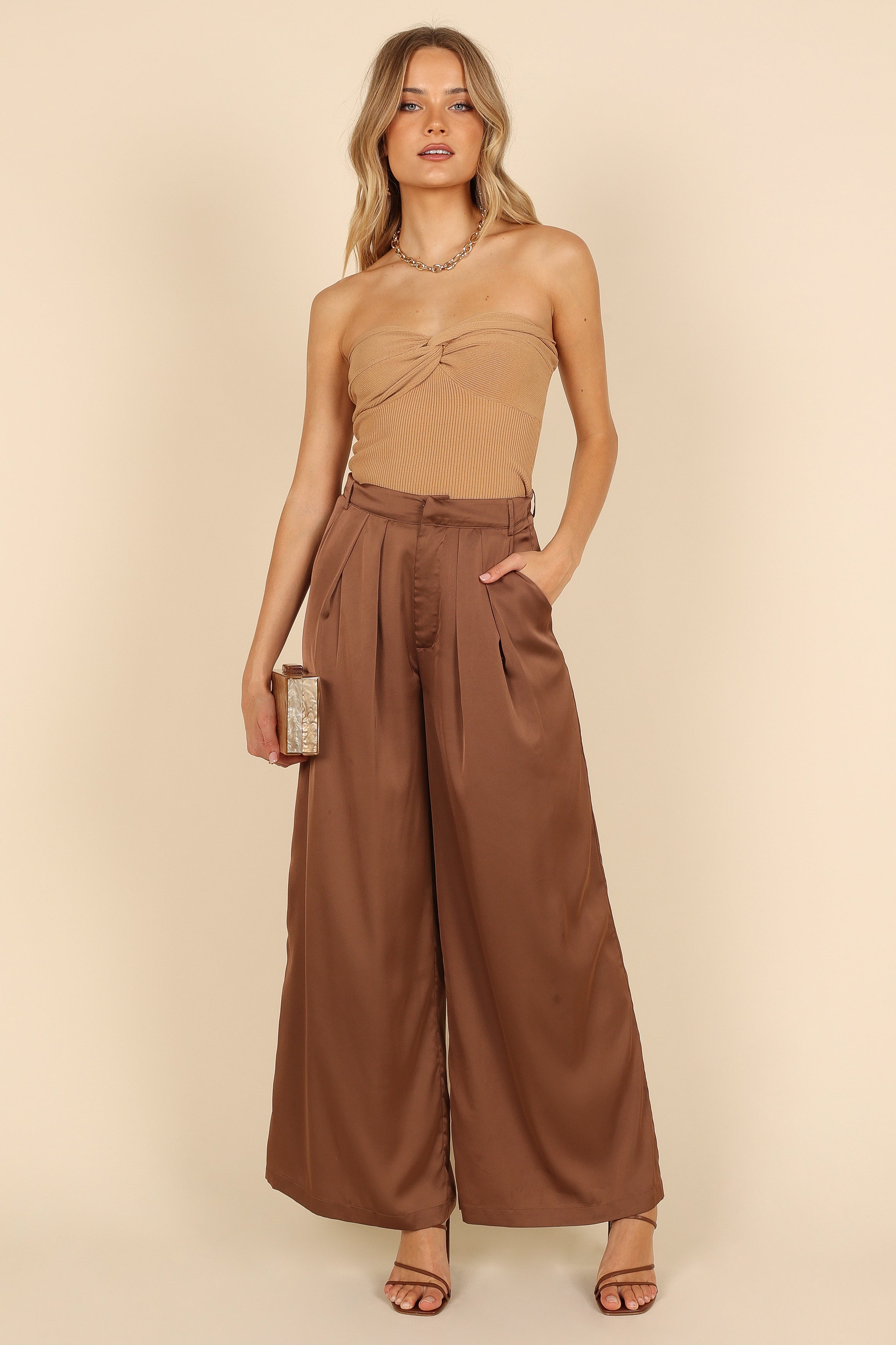 Wellington Wide Leg Satin Pant - Mocha