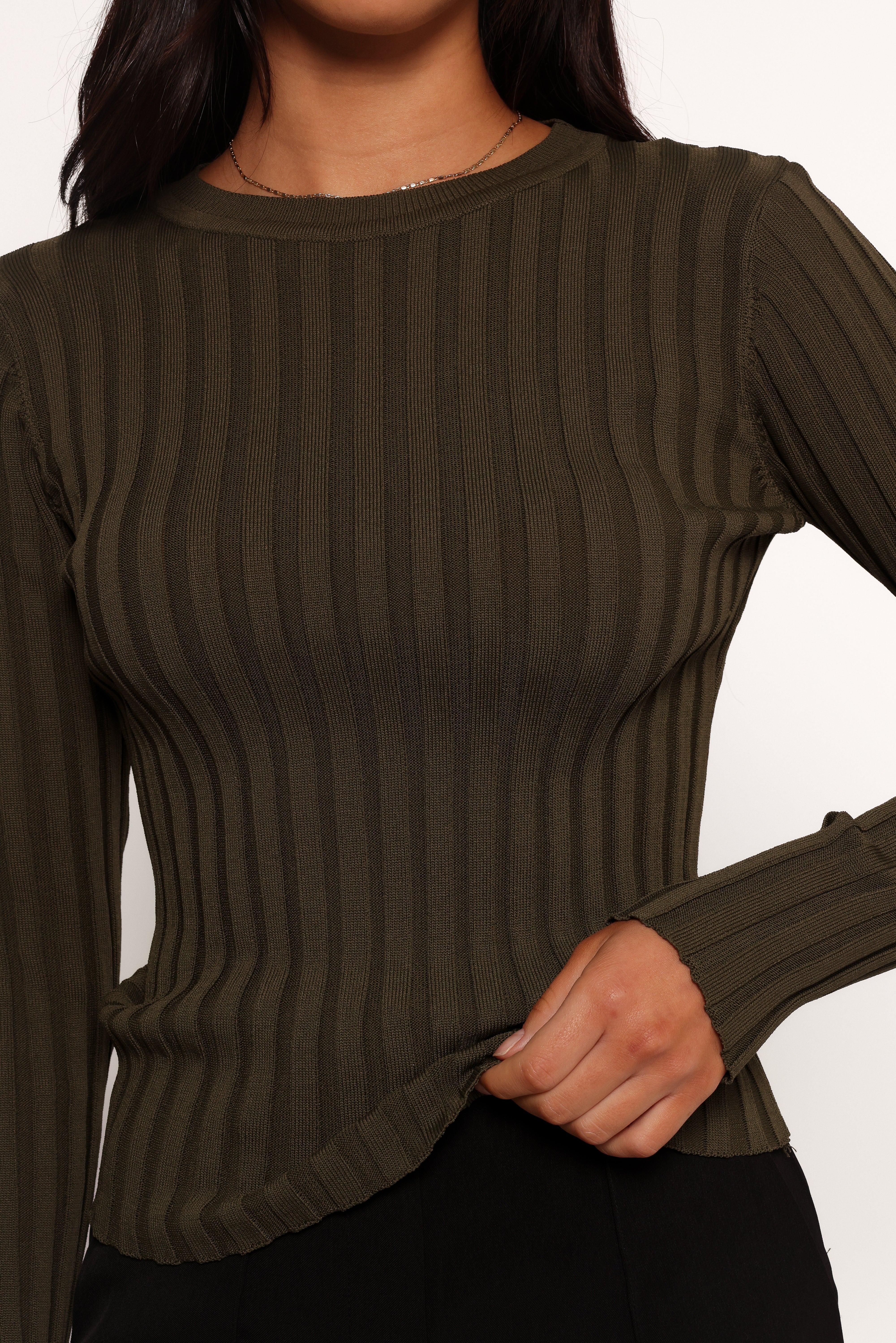 Aneesa Wide Rib Knit Top - Dark Olive