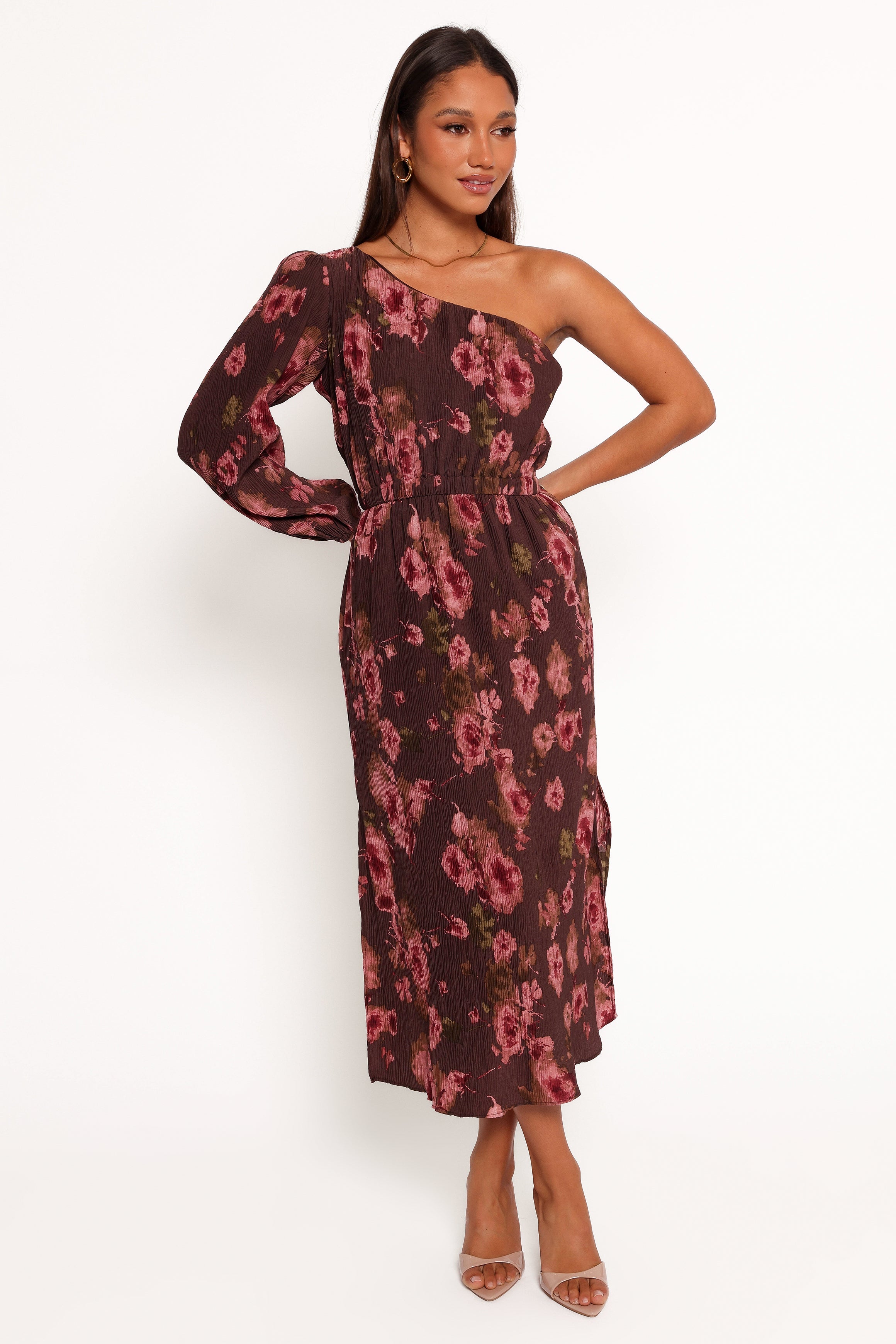 Pontee One Shoulder Pleated Midi Dress - Chocolate Brown