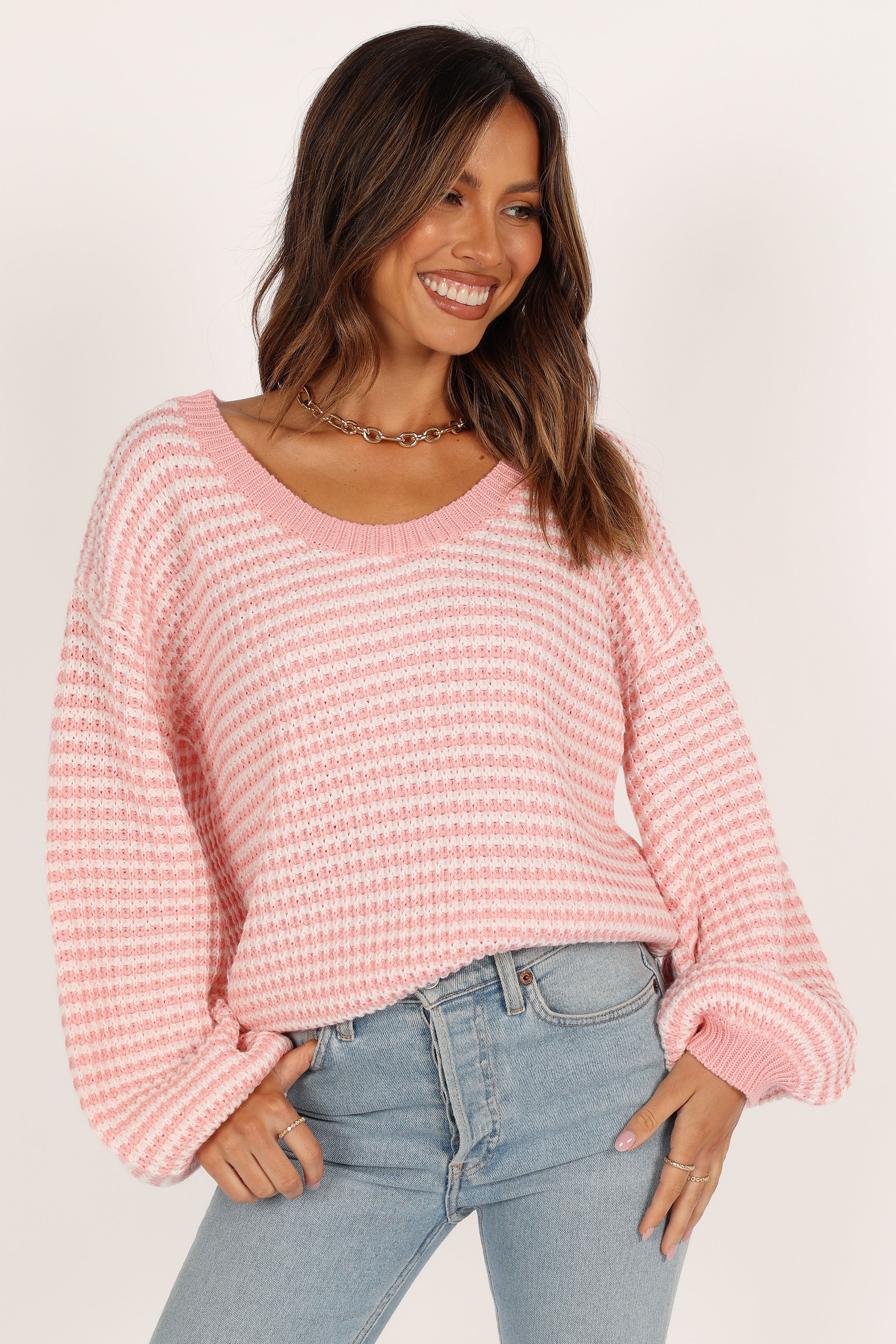 Becca Crewneck Waffle Stitch Stripe Knit Sweater - Pink