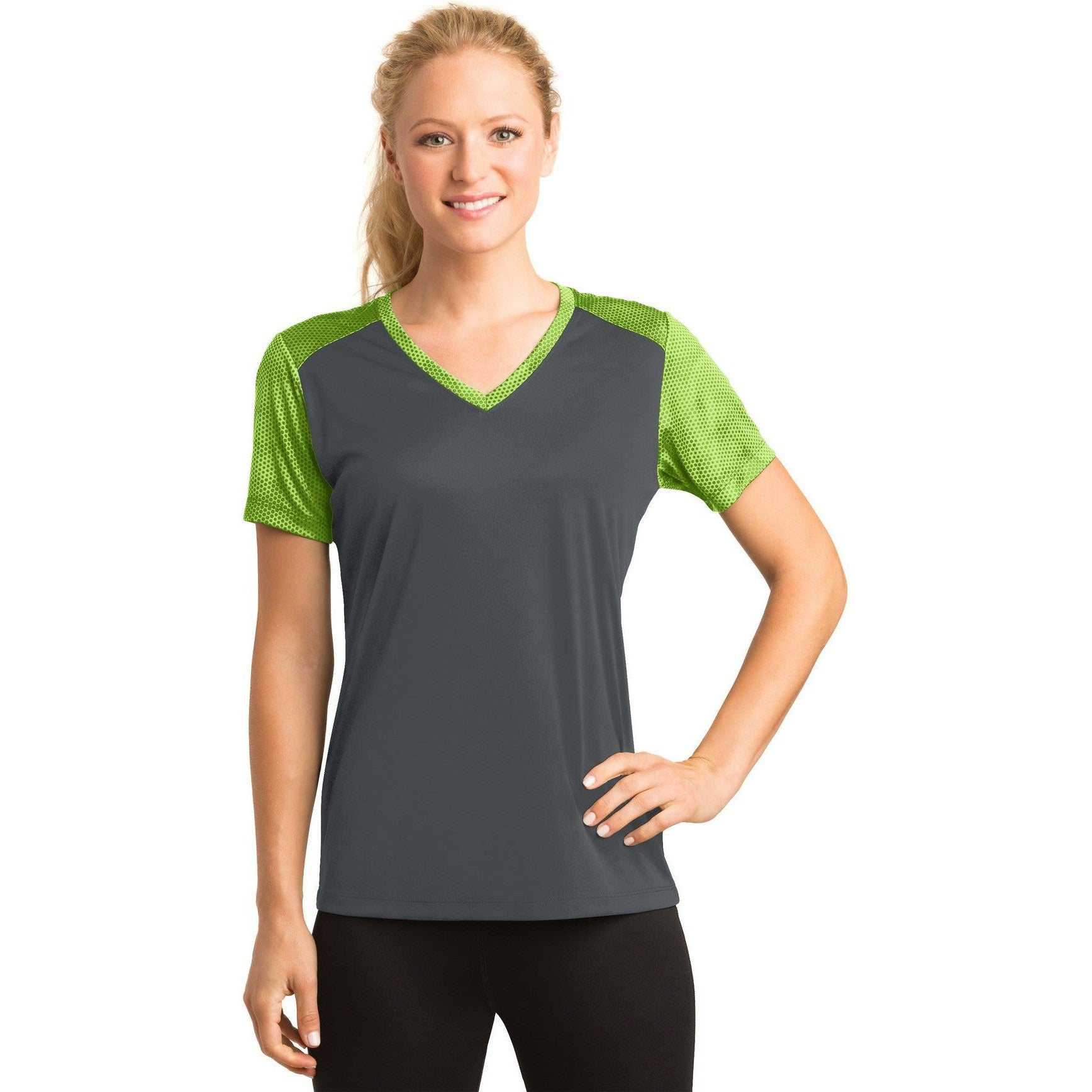 CLOSEOUT - Sport-Tek Ladies CamoHex Colorblock V-Neck Tee