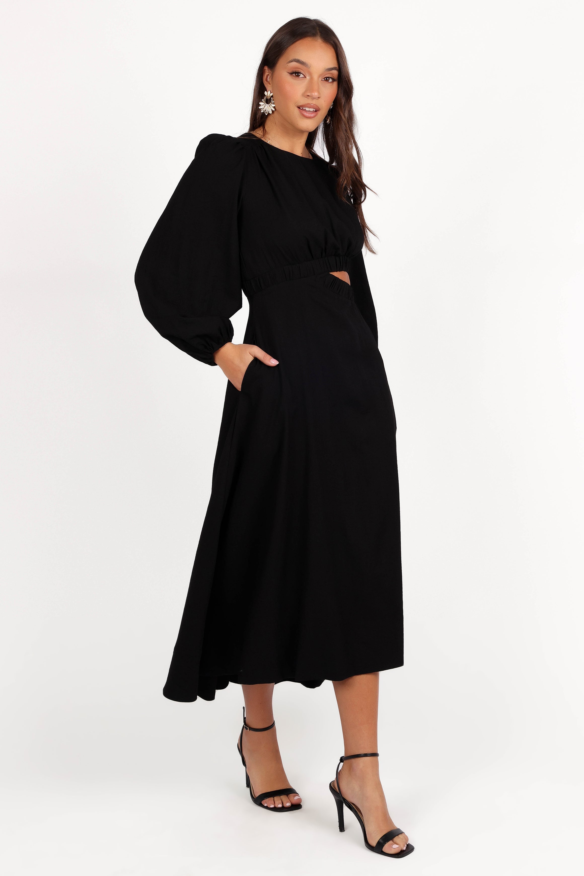 Ginnee Puff Sleeve Cutout Midi Dress - Black