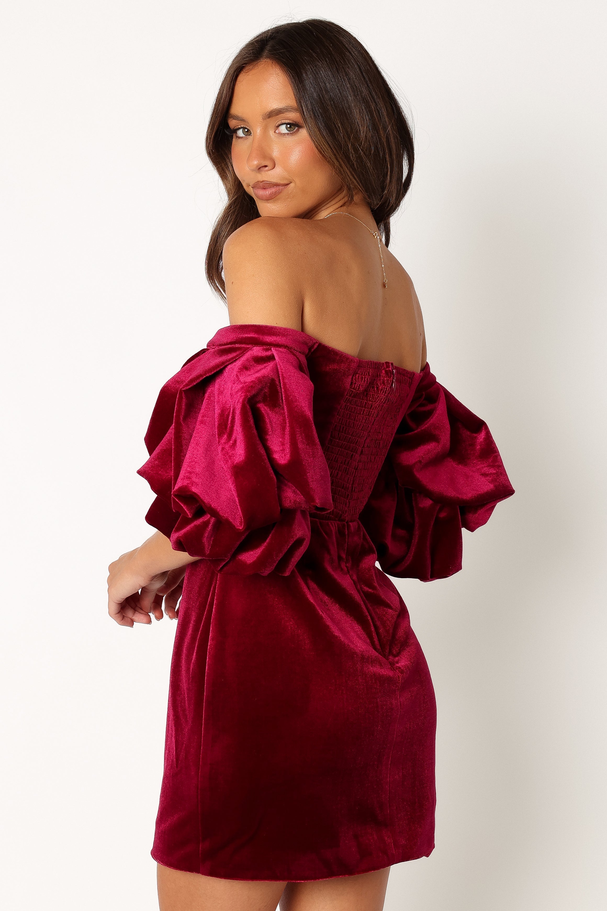 Dali Off Shoulder Velvet Mini Dress - Ruby