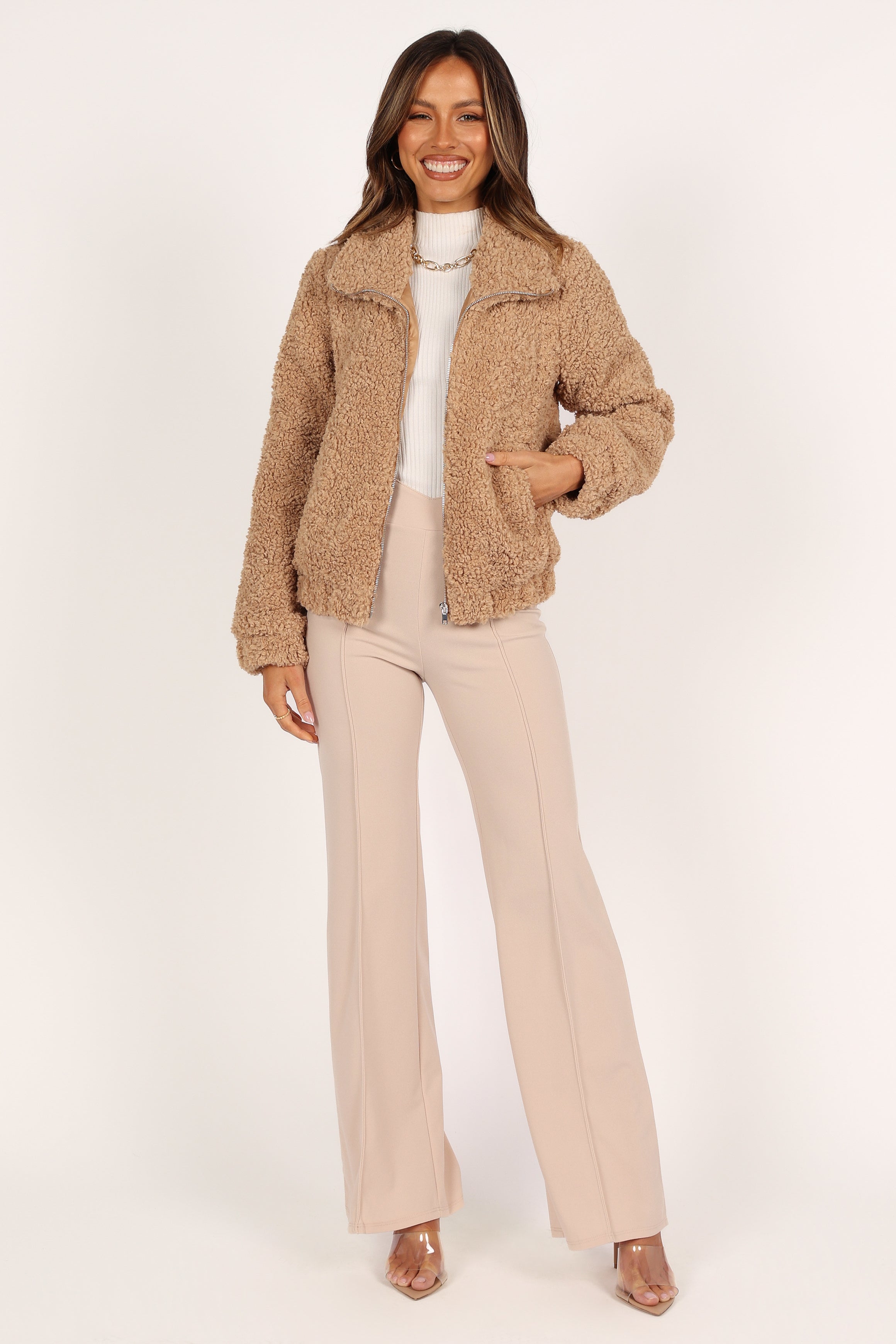 Lucia Zip Front Teddy Jacket - Camel