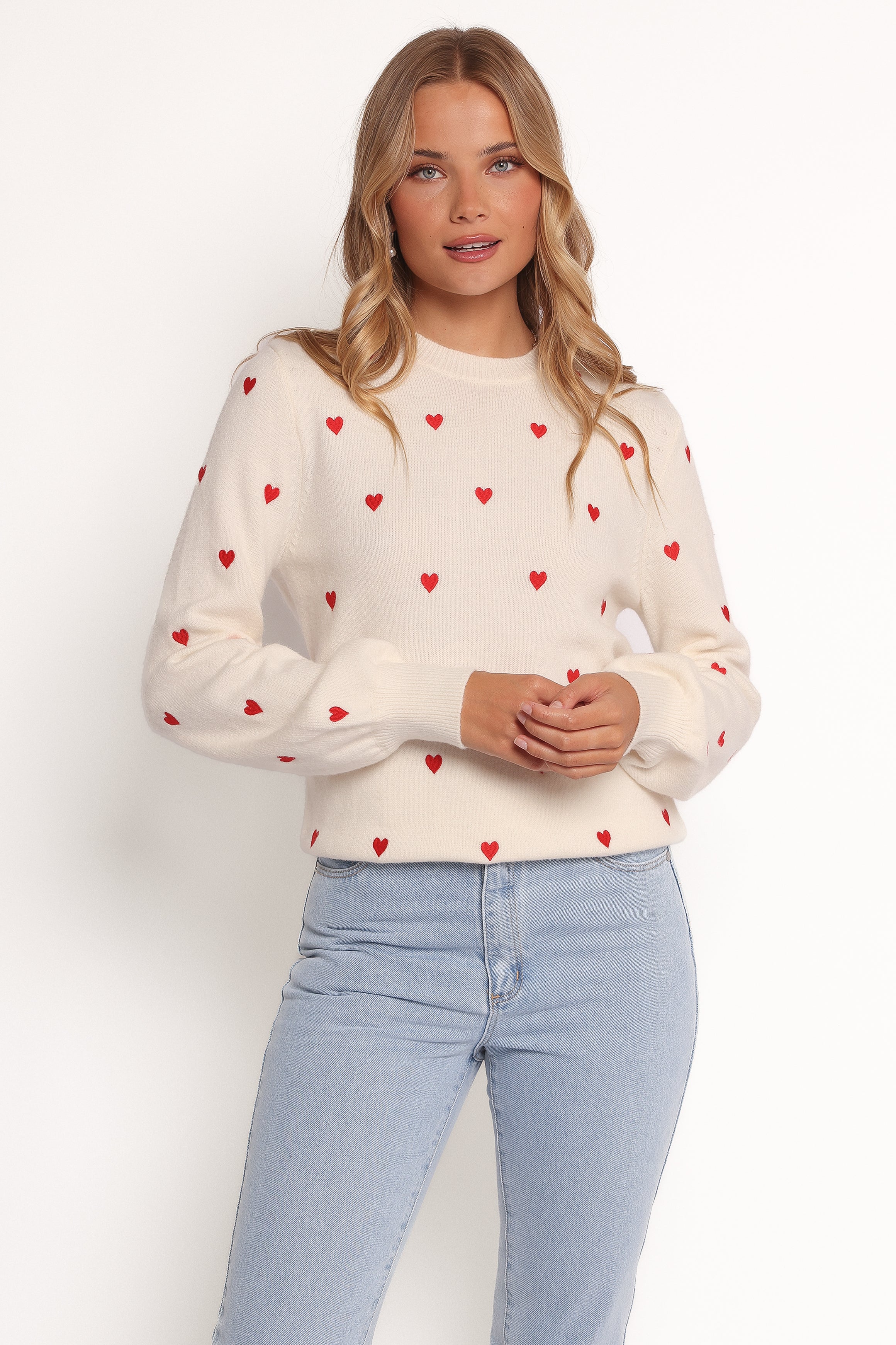 Xadie All Over Mini Heart Sweater - Cream/Red