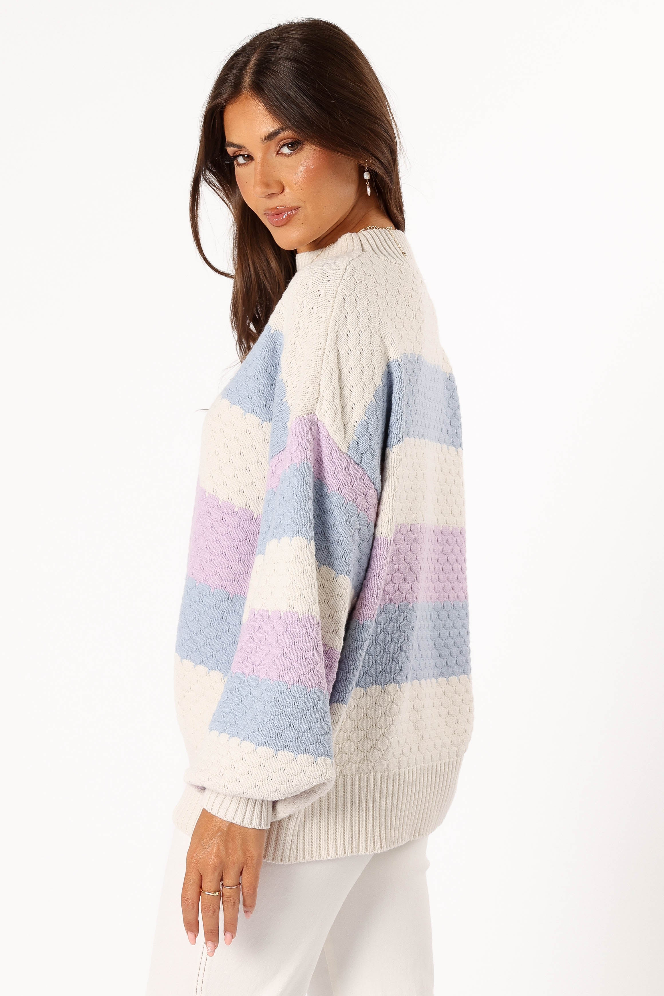 Dani Multi Stripe Knit Sweater - White Light Blue