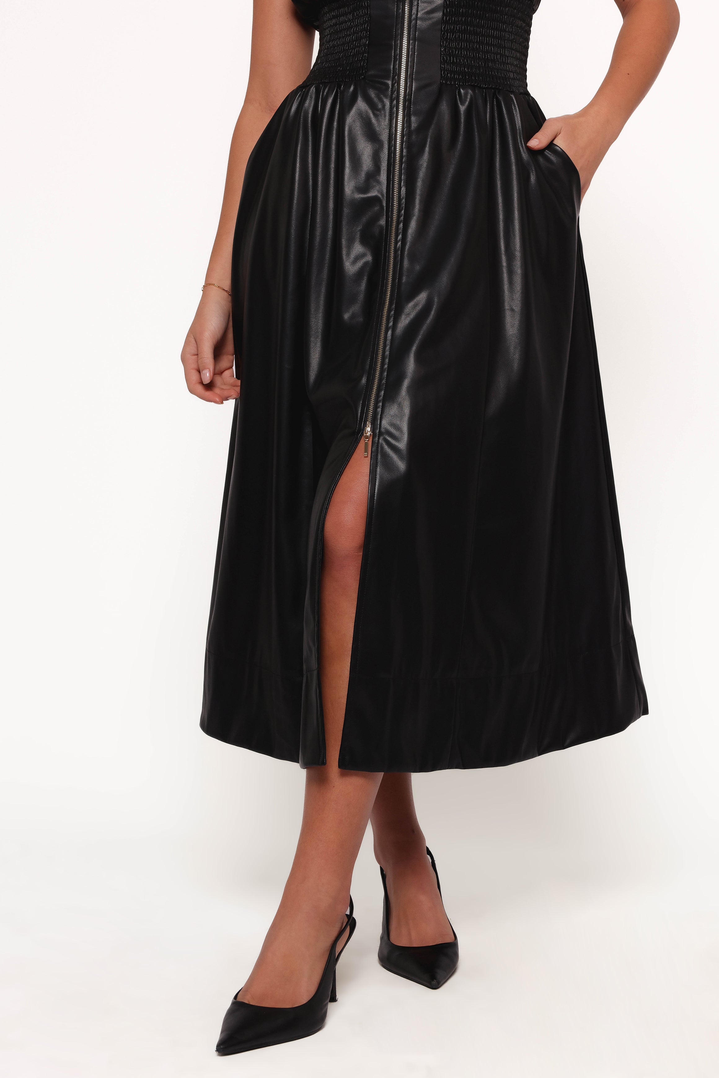 Lizzi Faux Leather Midi Dress - Black