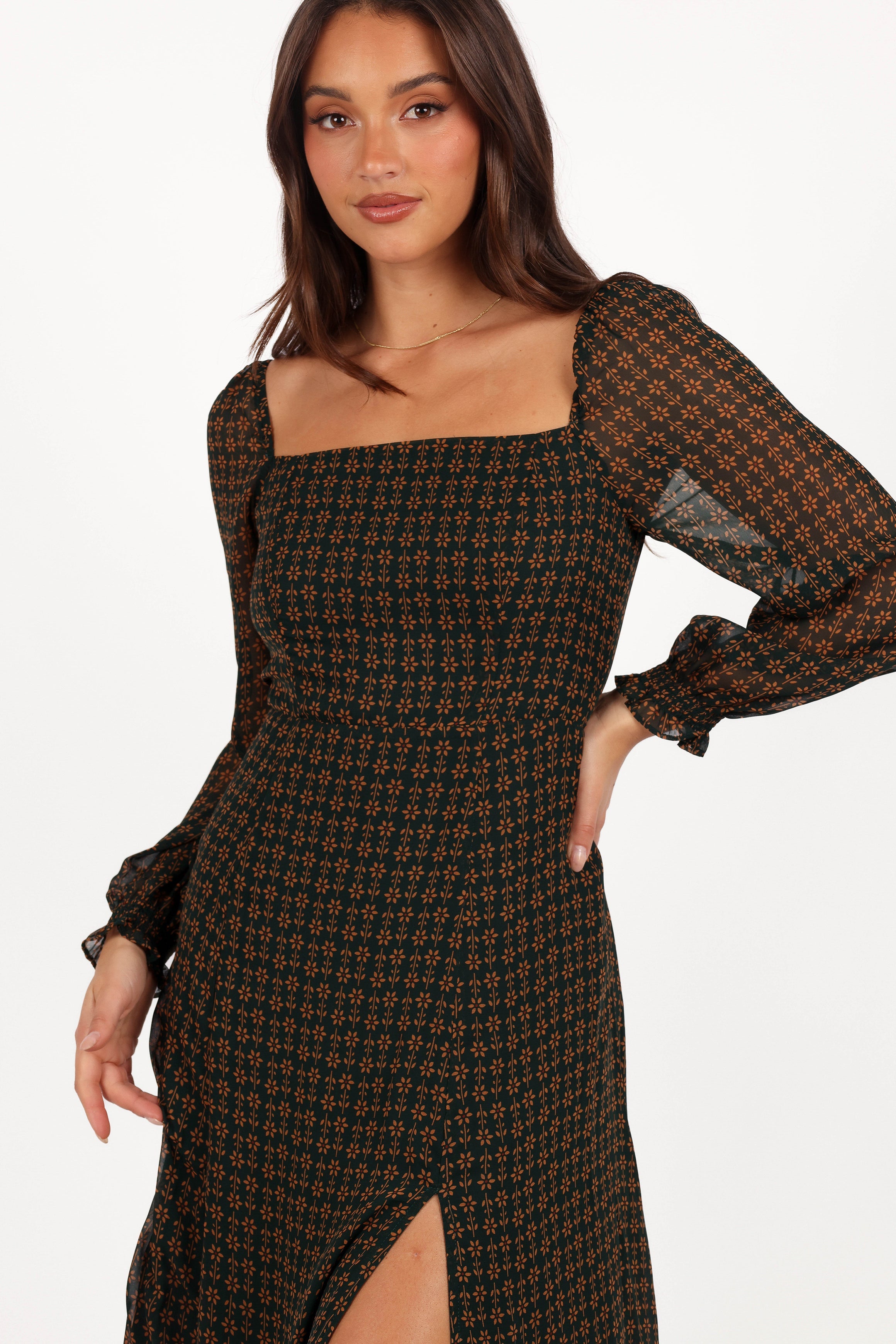 Ettie Long Sleeve Midi Dress - Pine/Tan