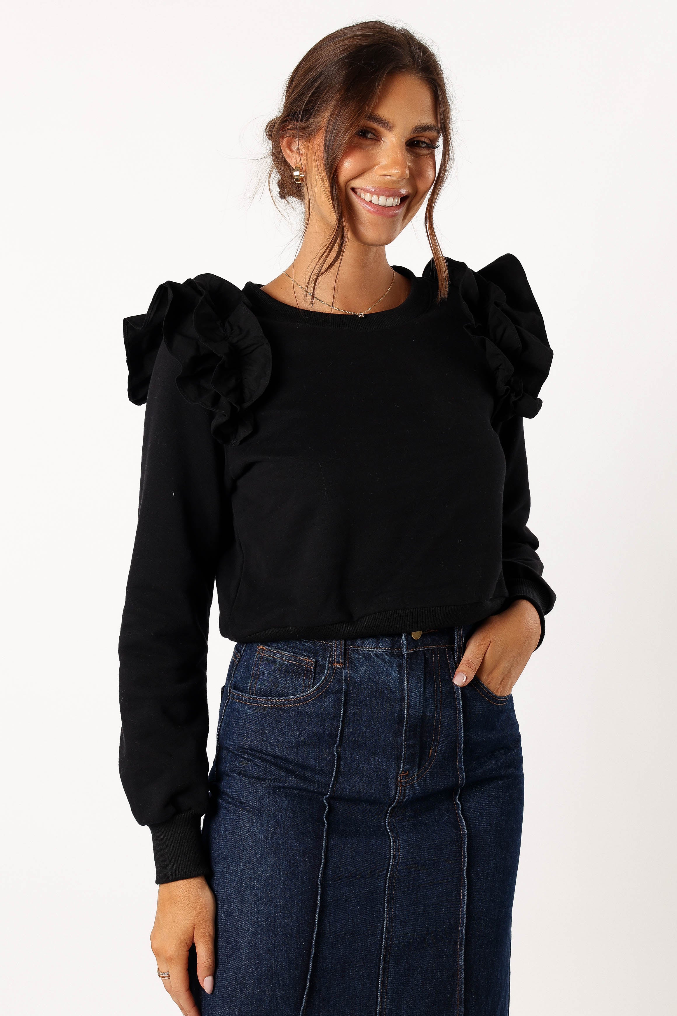 Cora Ruffle Sleeve Sweatshirt - Black