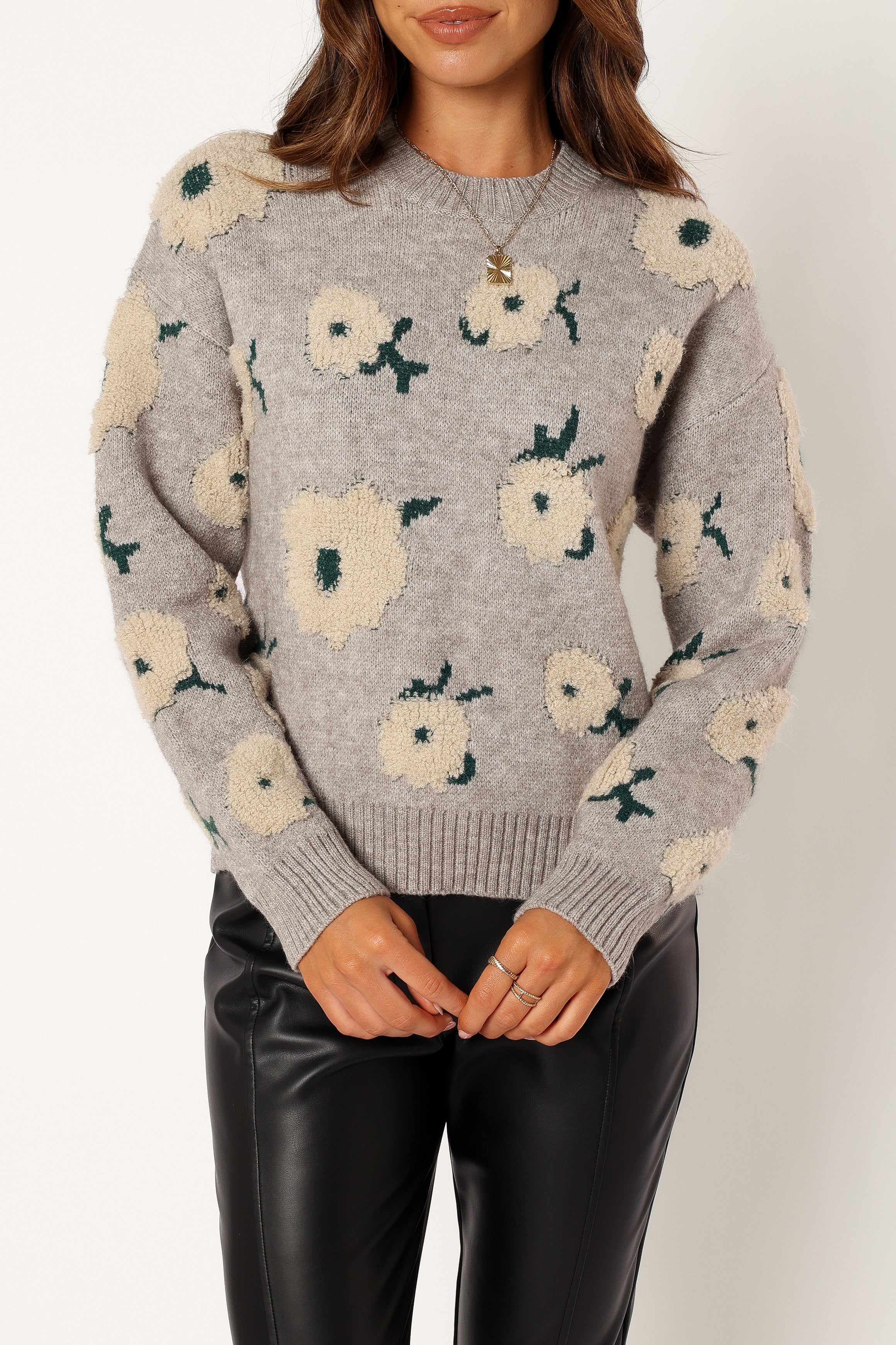 Aubrielle All Over Flower Knit Sweater - Grey Green