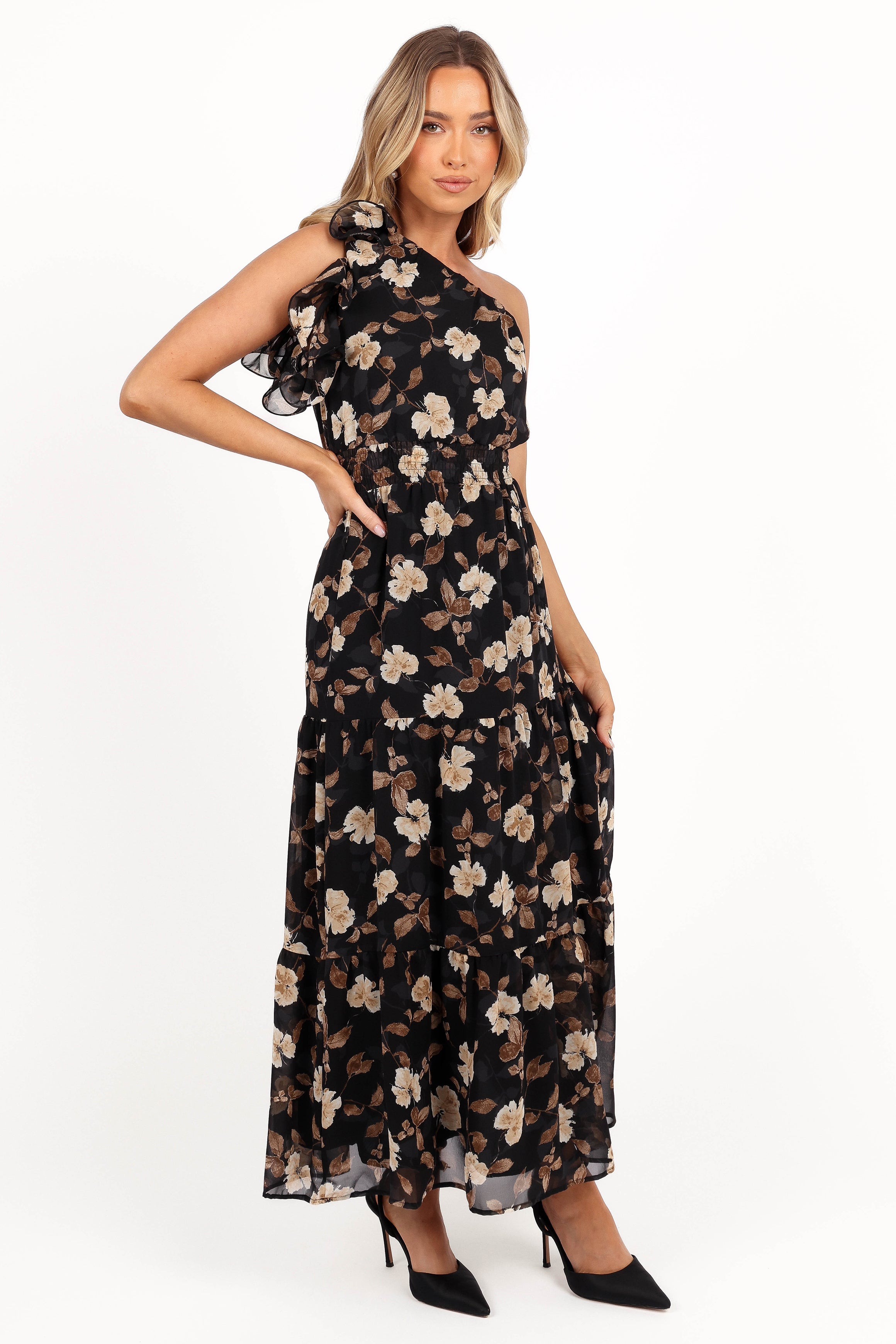 Layley One Shoulder Maxi Dress - Black Floral