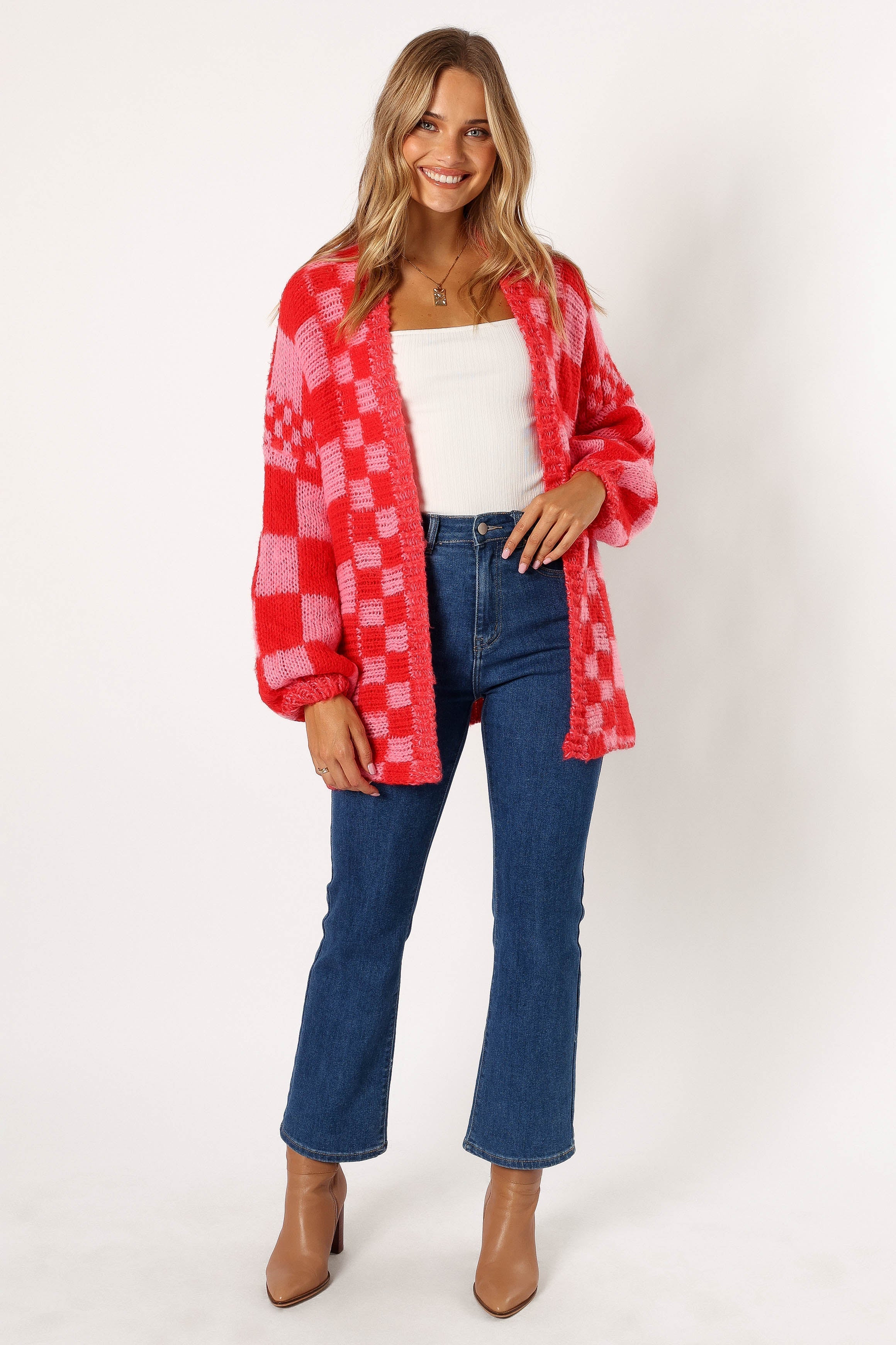 Davina Pattern Open Front Cardigan - Red/Pink