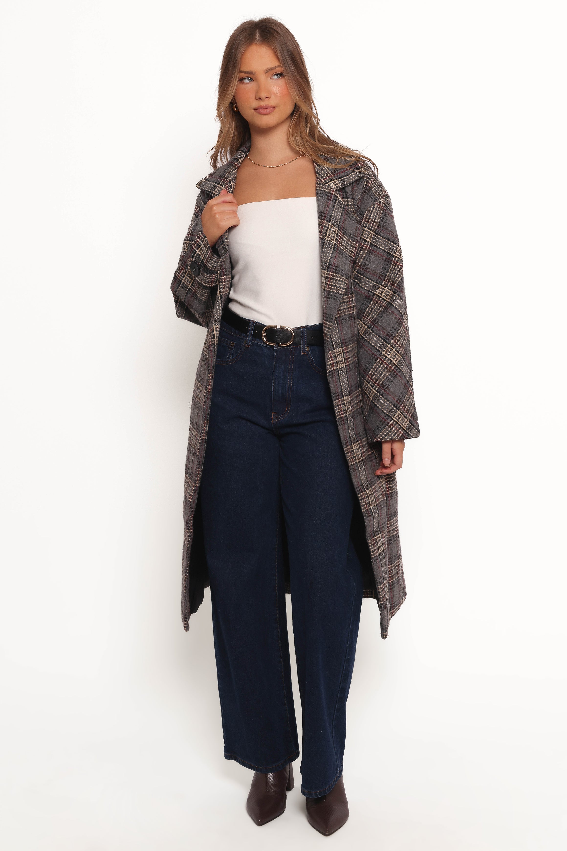 Torie Waist Tie Long Coat - Grey Check