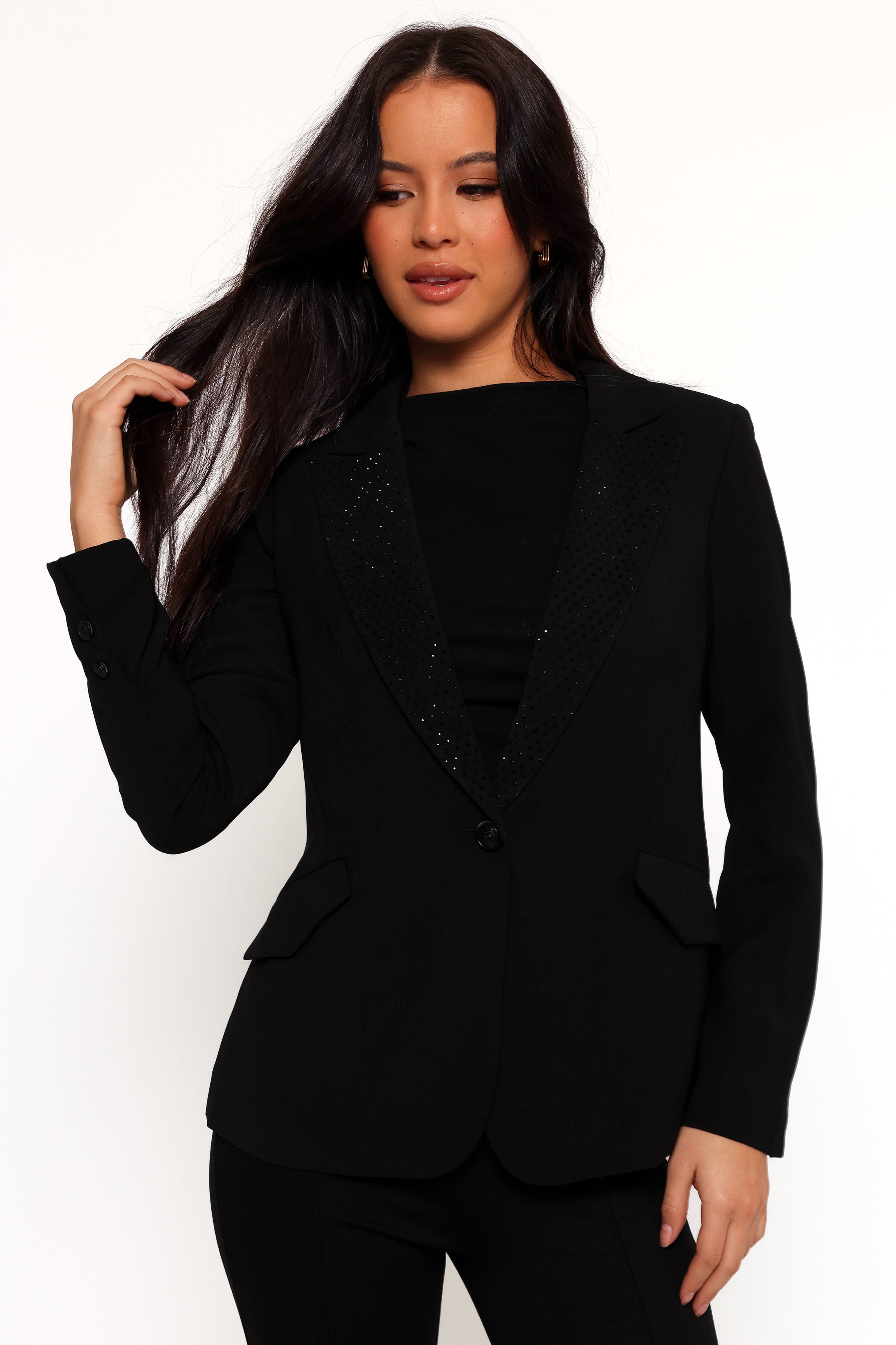 Luda Rhinestone Collar Single Button Blazer - Black