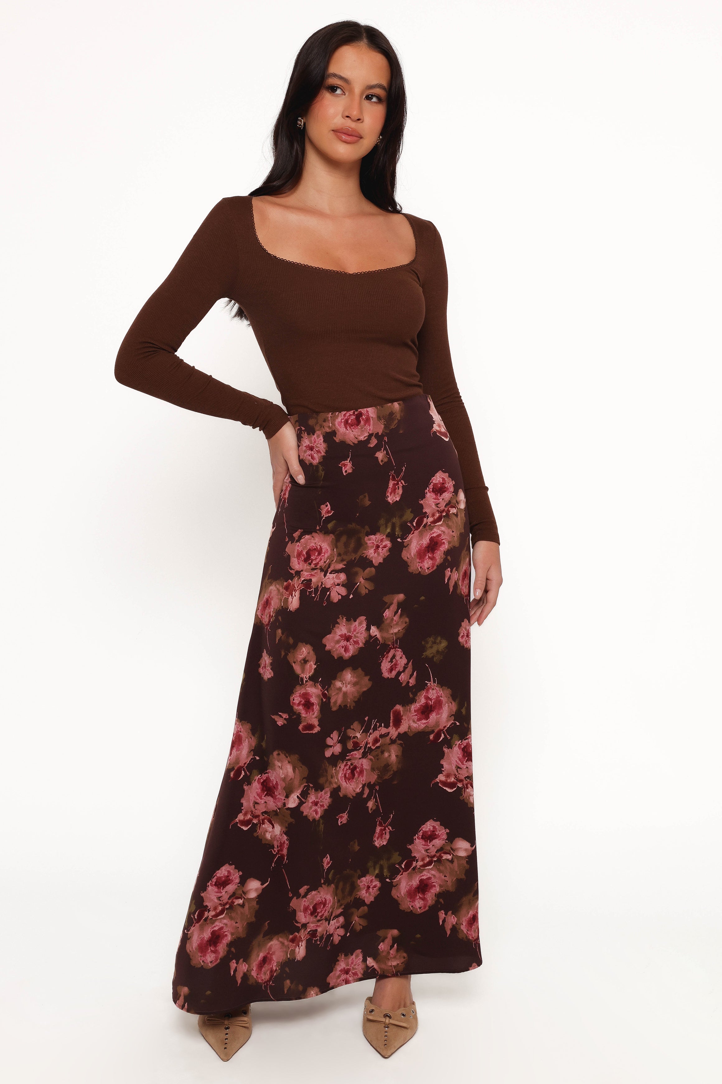 Vivie Midi Skirt - Chocolate Floral