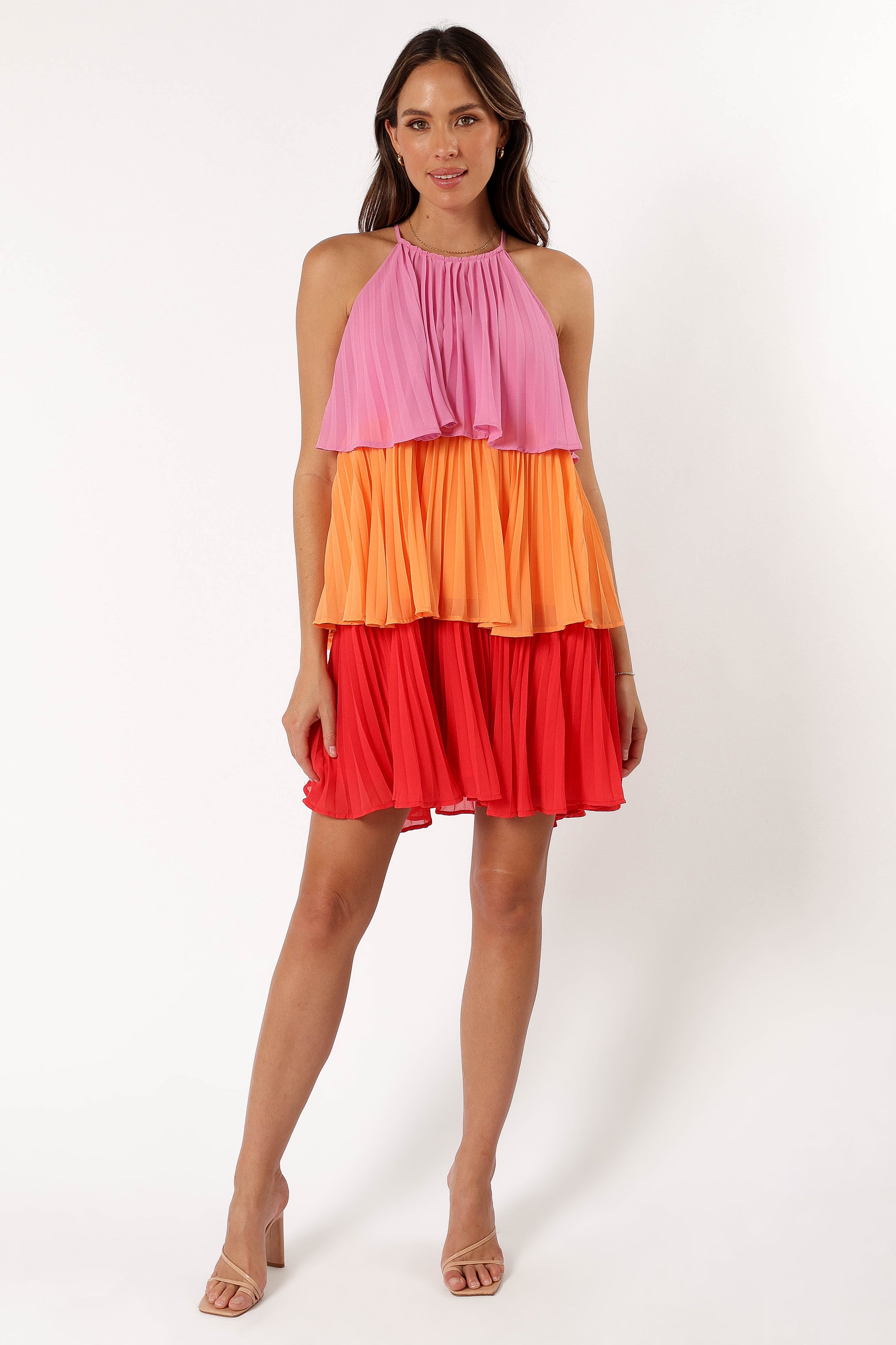 Shortcake Tiered Mini Dress - Pink Orange Red