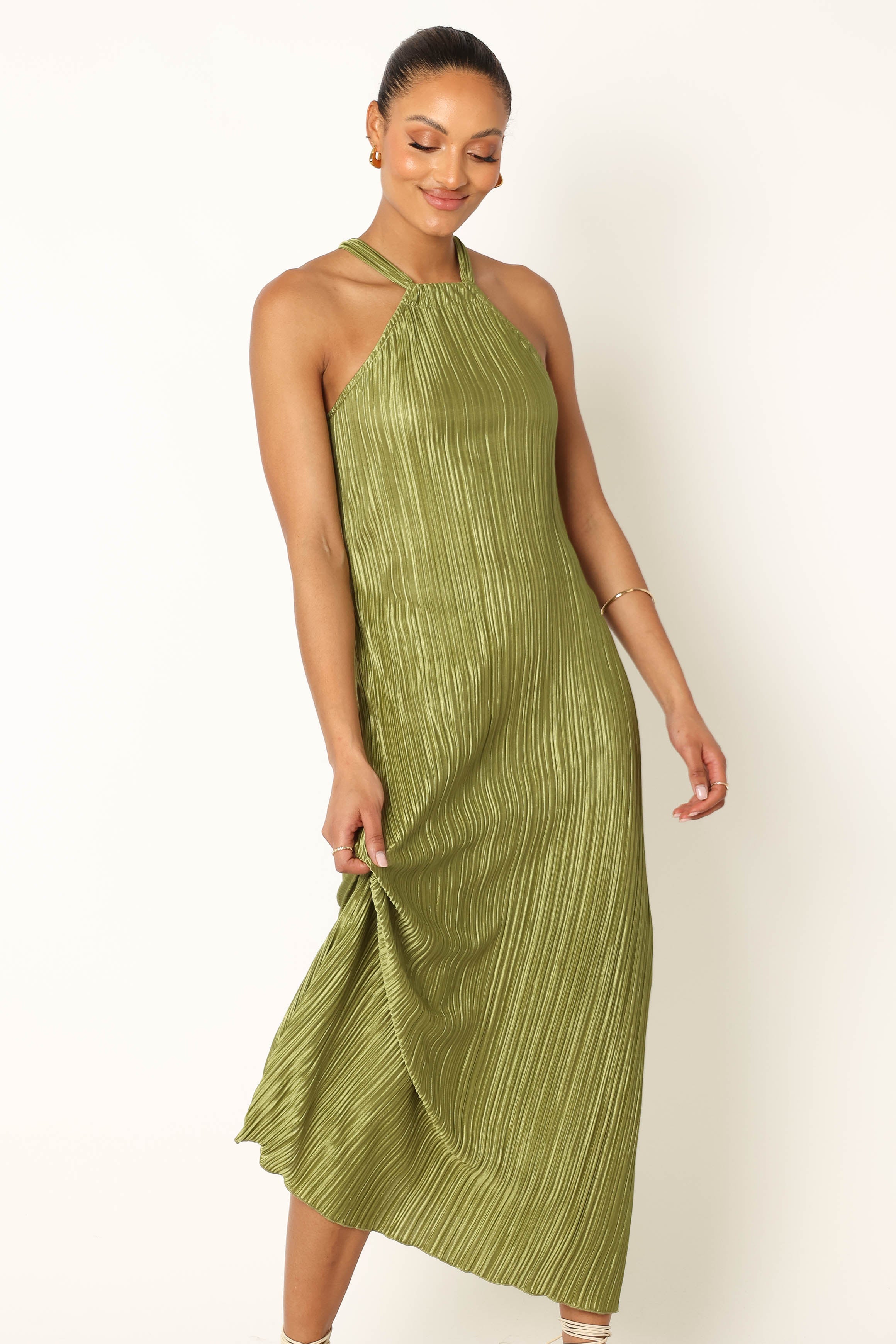 Melody Plisse Halter Maxi Dress - Olive