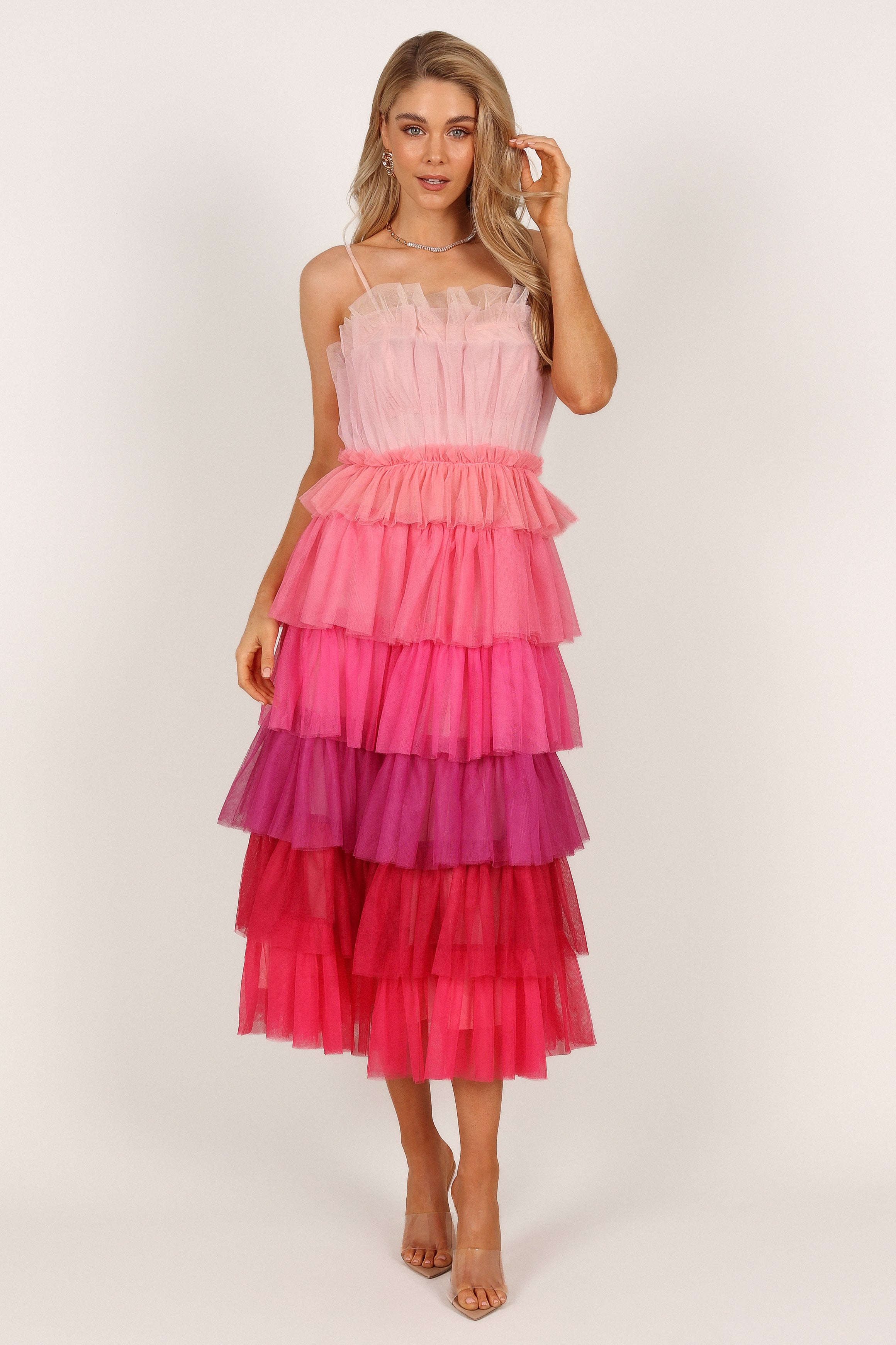 Minnie Tiered Tulle Midi Dress - Pink