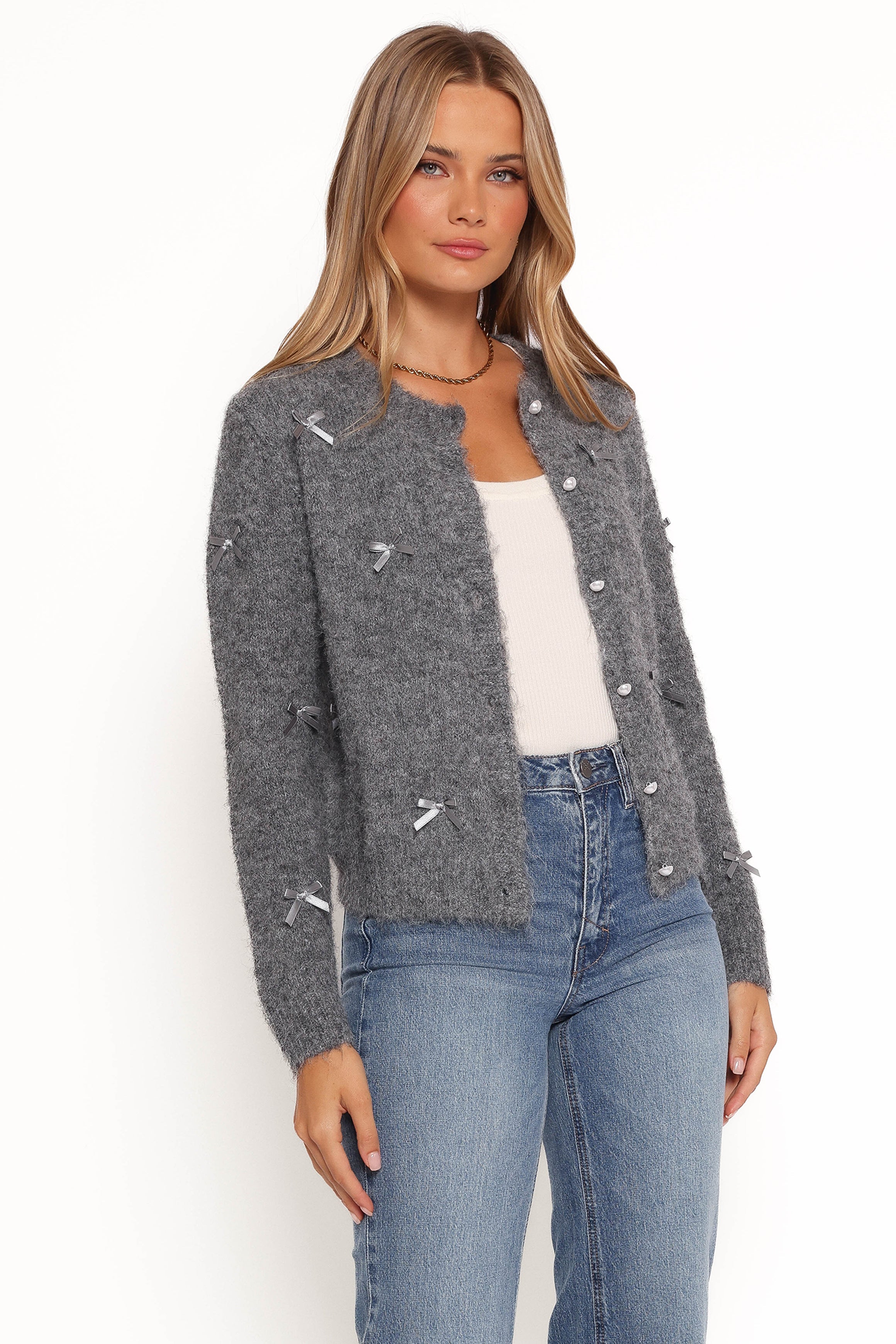 Mellie All Over Bow Button Front Cardigan - Grey