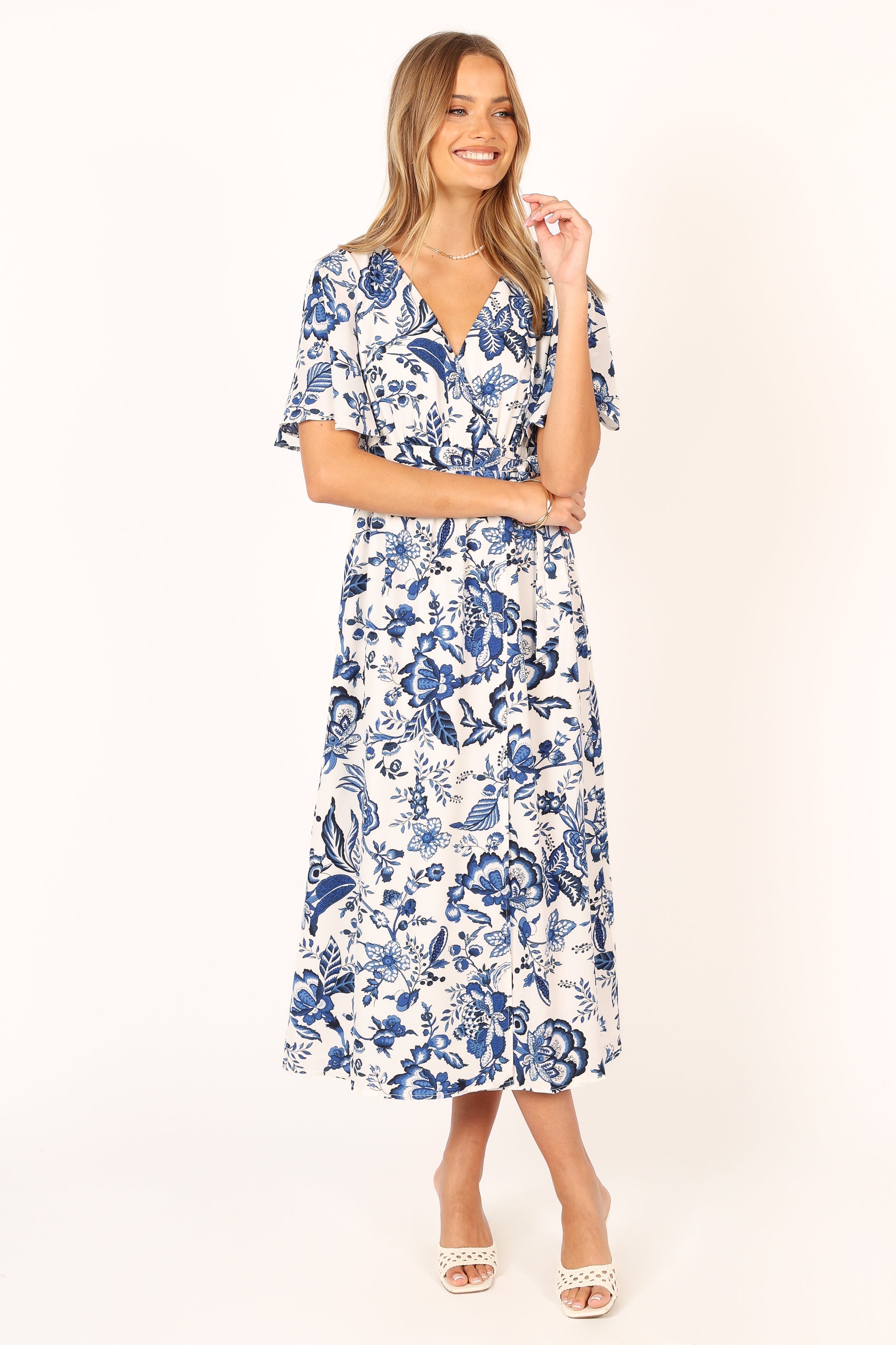 Kaleen Midi Wrap Dress - White Blue