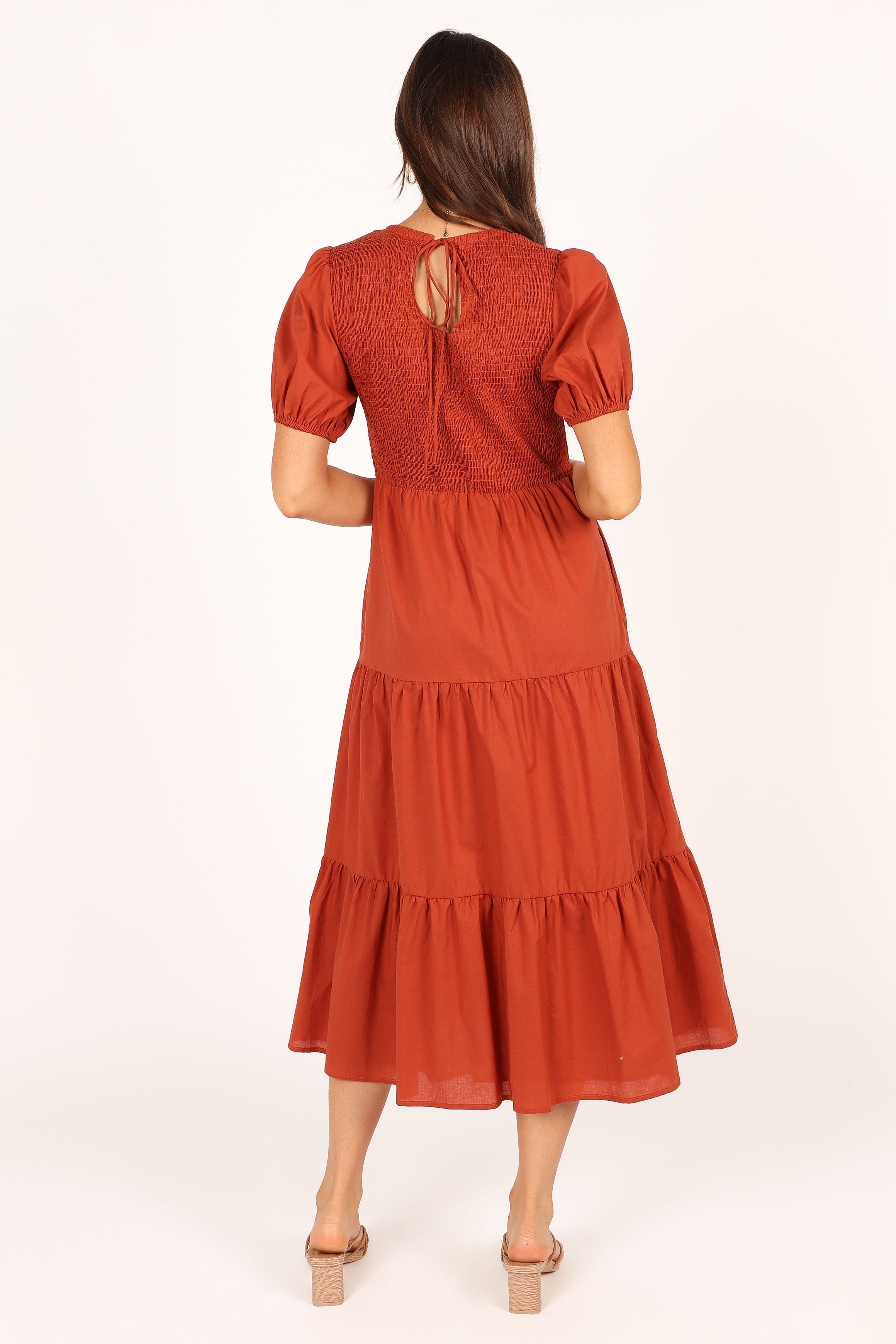 Naura Shirred Tiered Midi Dress - Rust