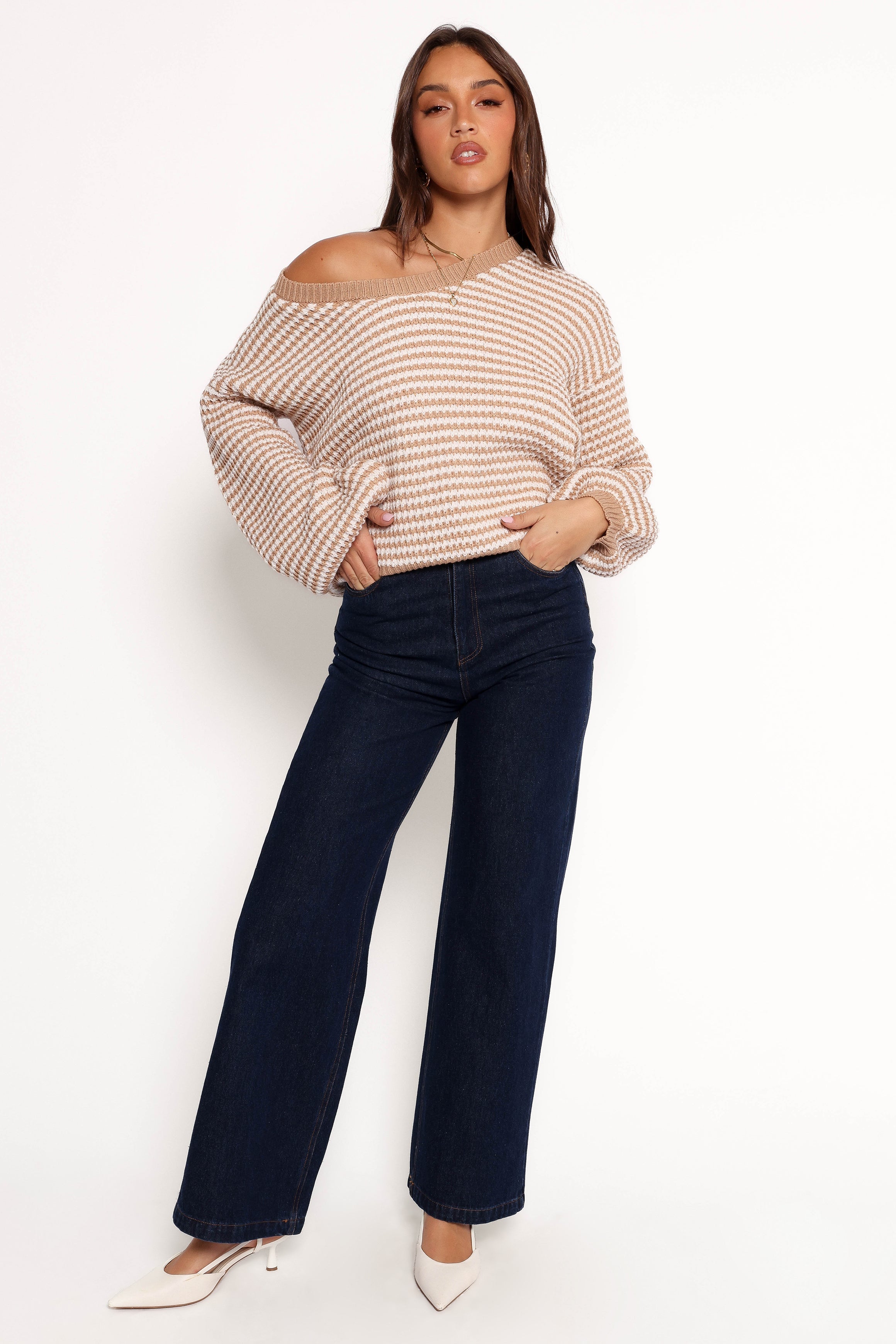 Becca Crewneck Waffle Stitch Stripe Knit Sweater - Tan