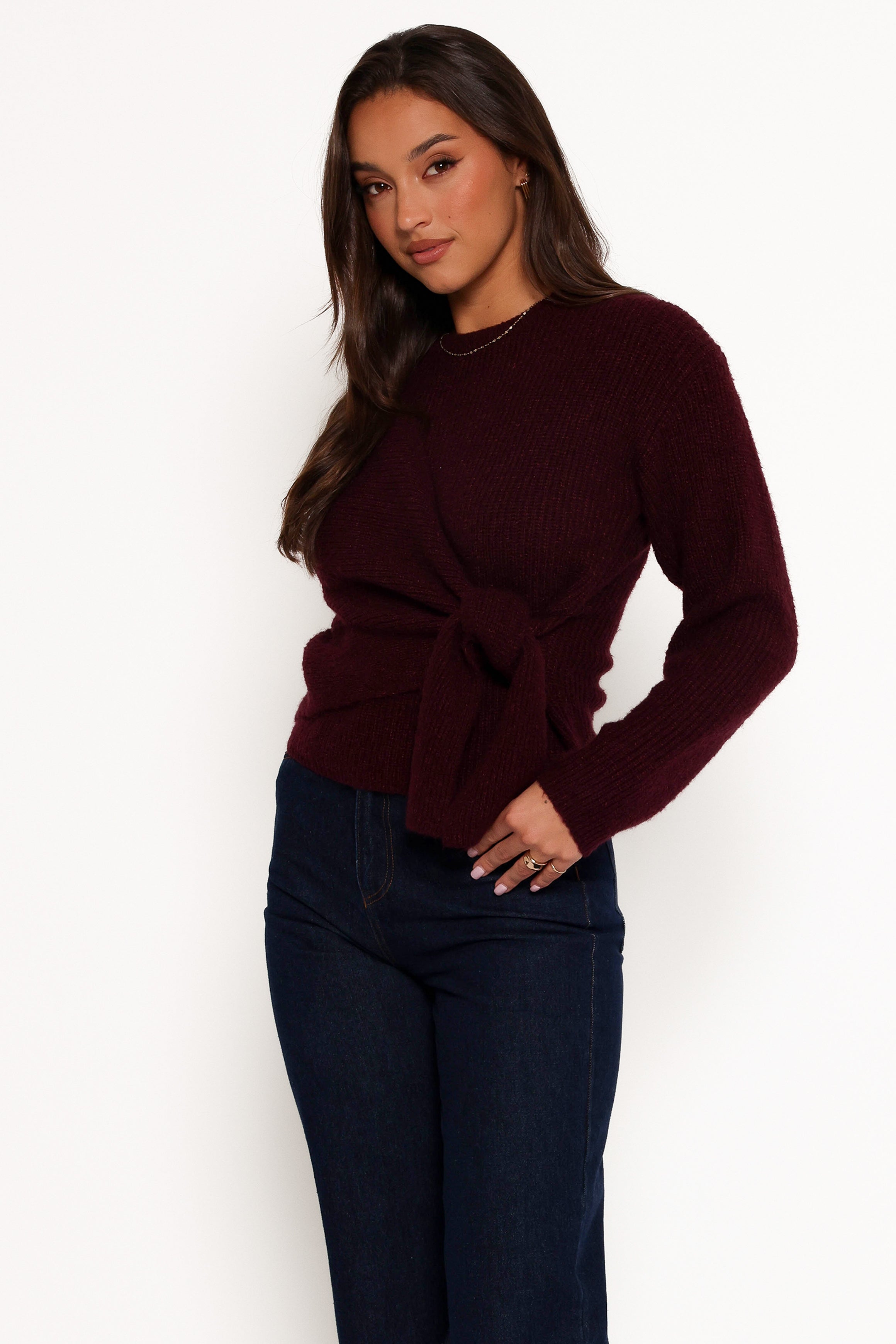 Ettie Wrap Side Tie Knit Sweater - Burgundy