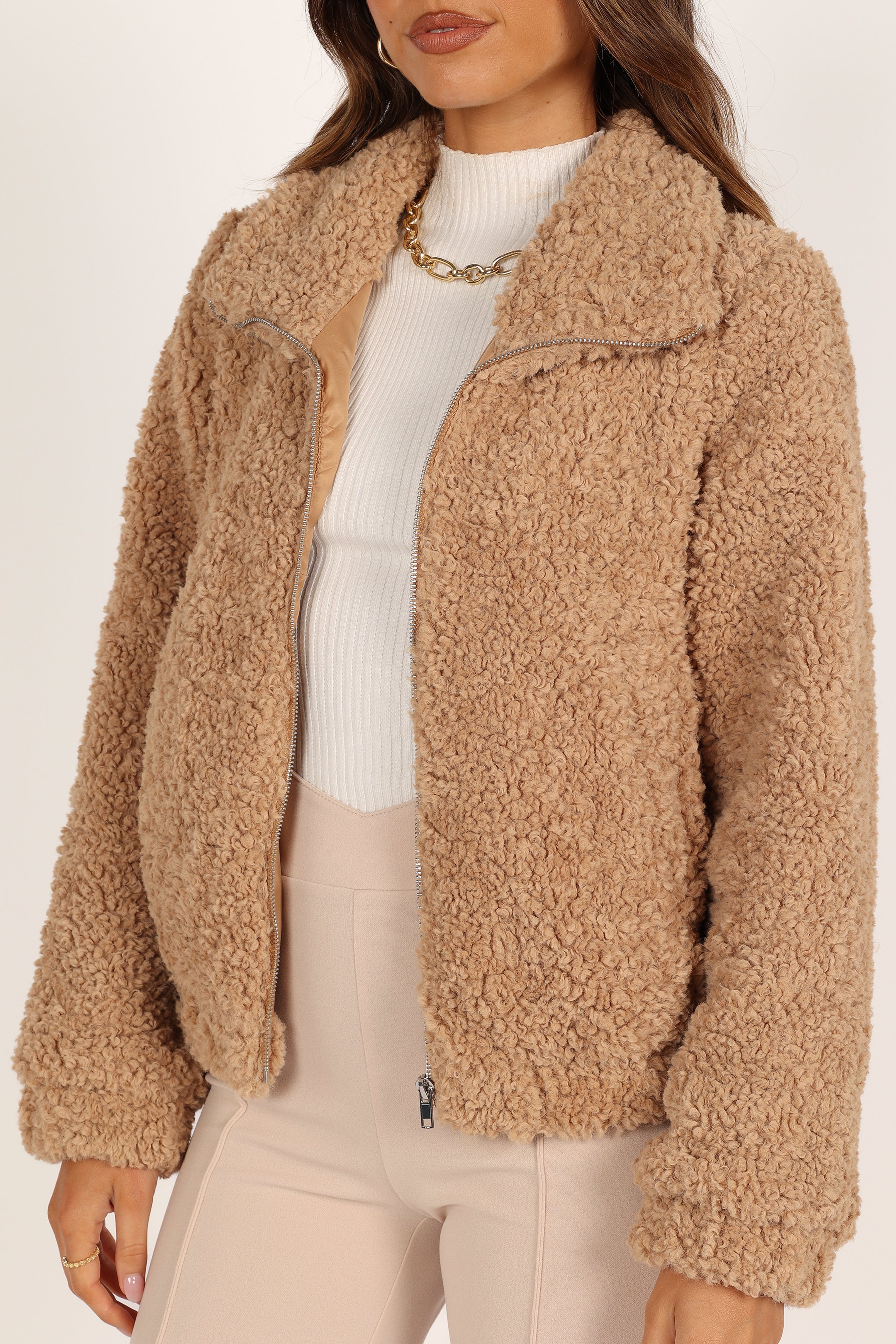 Lucia Zip Front Teddy Jacket - Camel