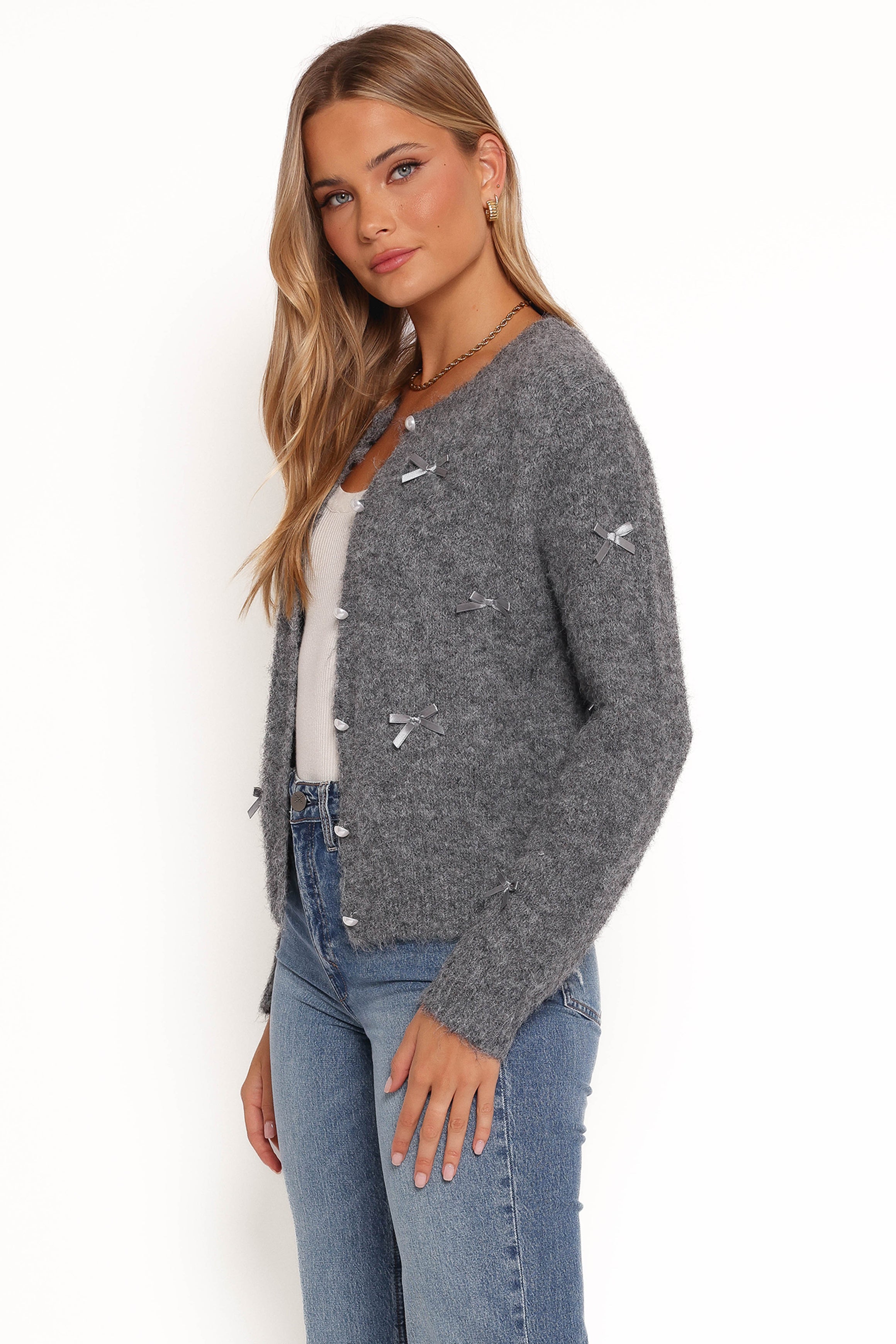 Mellie All Over Bow Button Front Cardigan - Grey