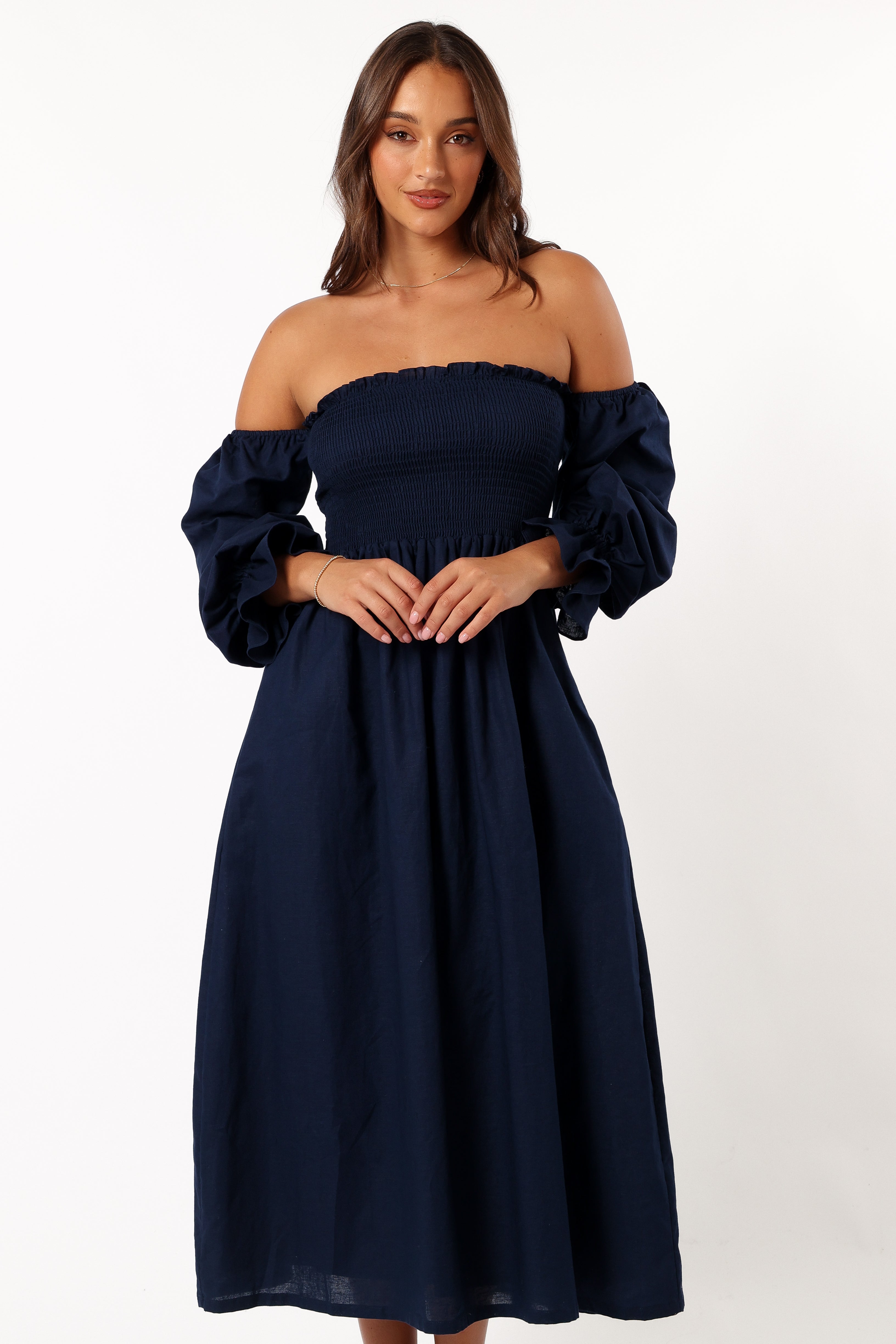 Domenica Shirred Long Sleeve Dress - Navy