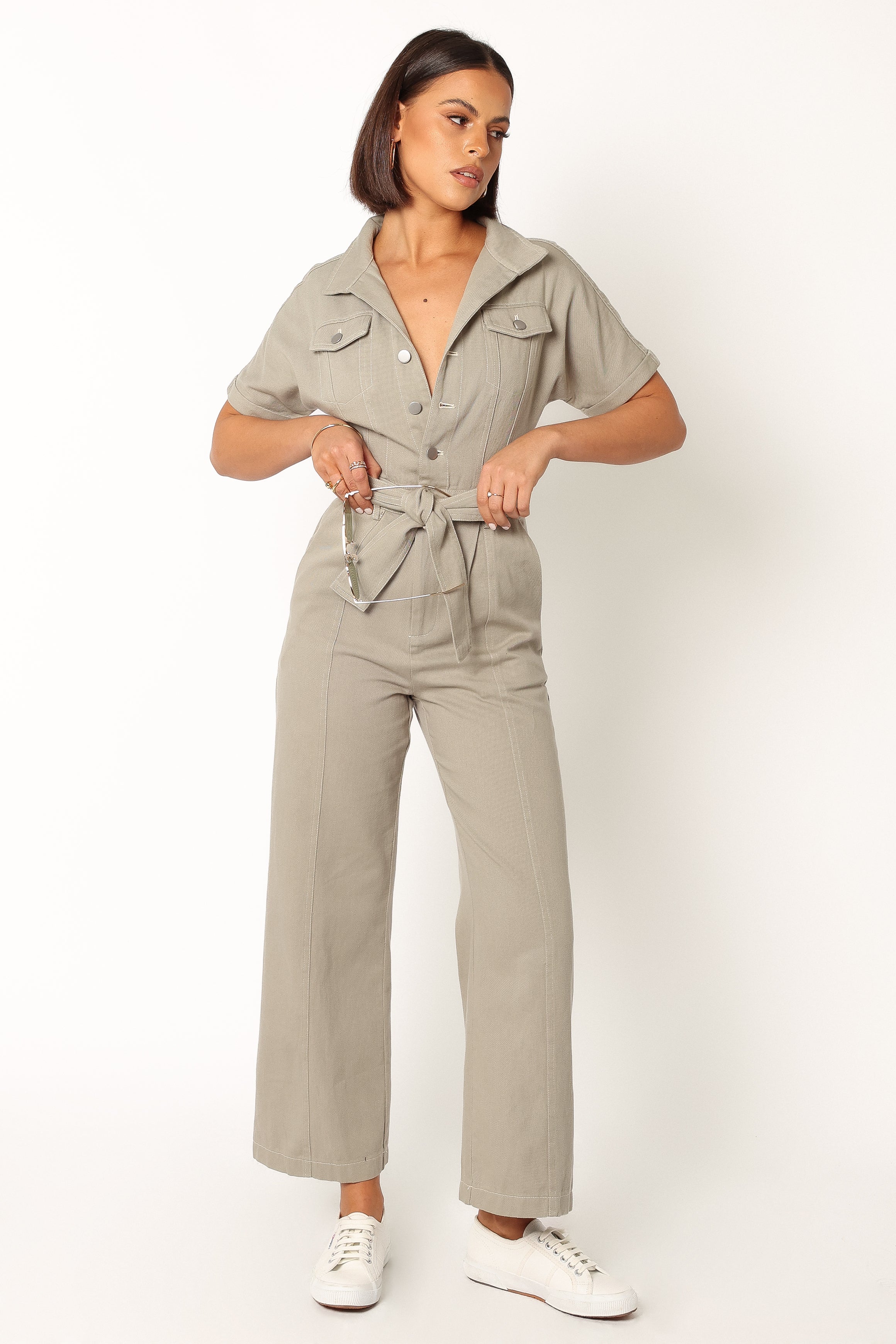 Demi Contrast Stitch Jumpsuit - Olive