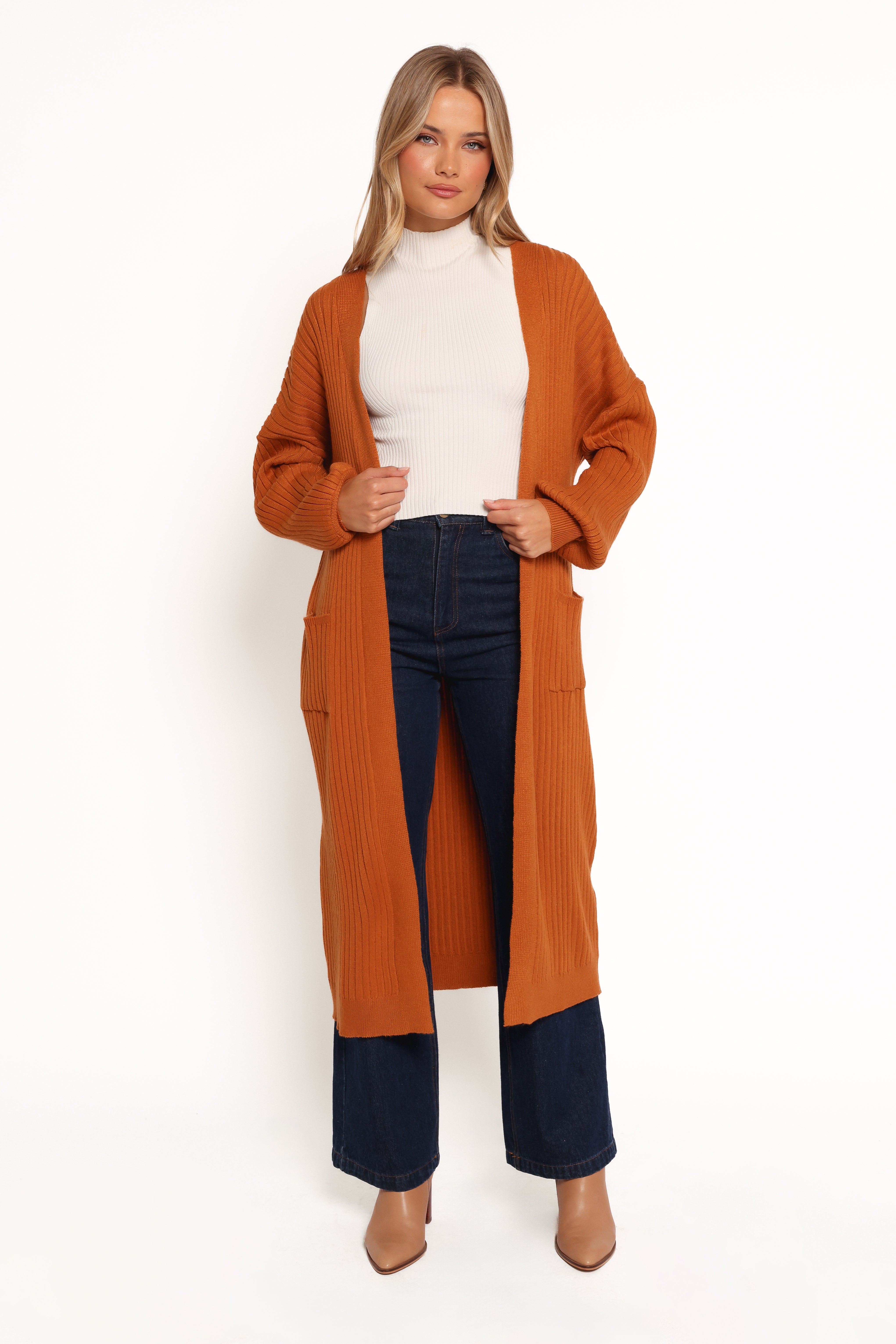 Makenna Long Open Front Cardigan - Rust