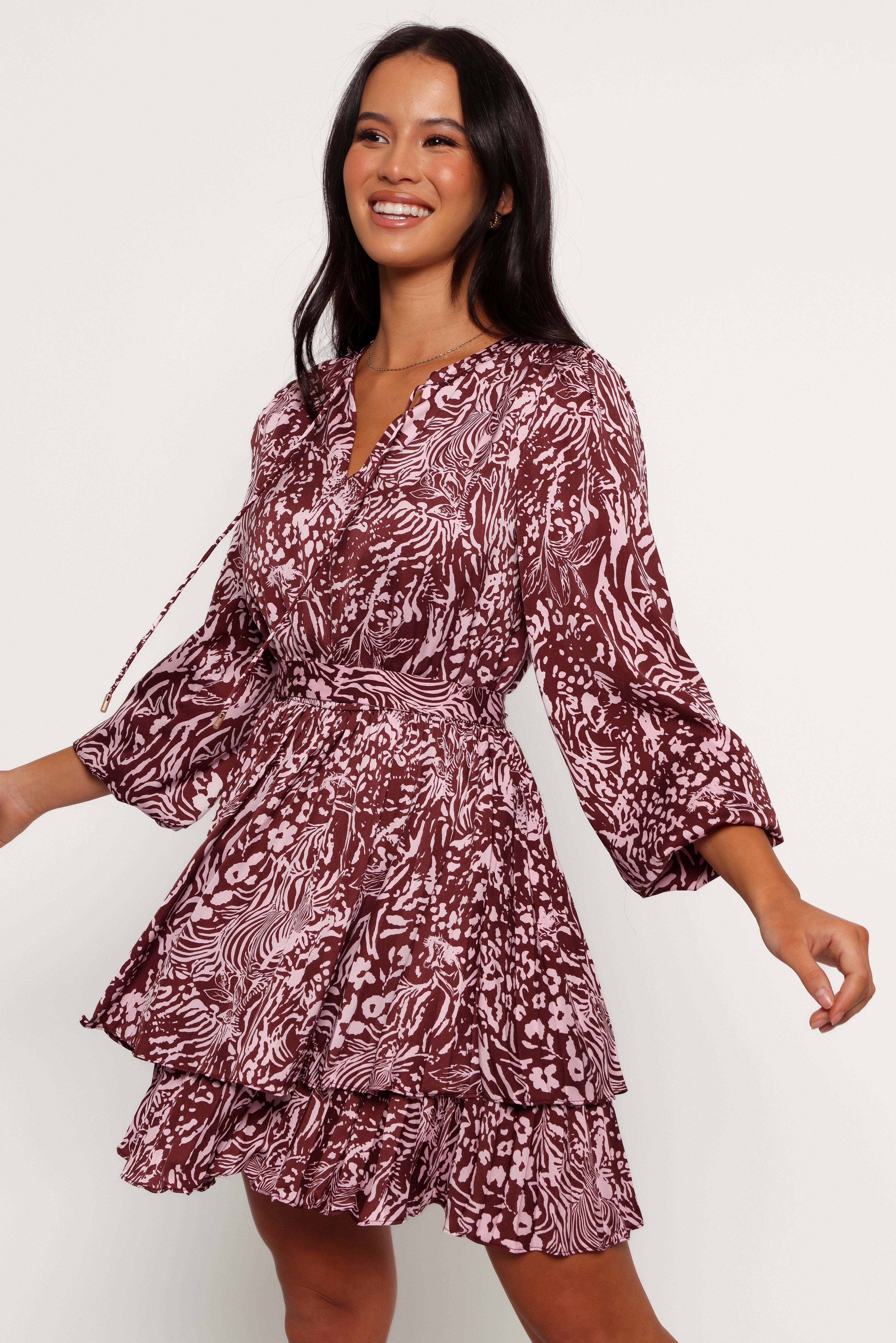 Wrenley Long Sleeve Mini Dress - Chocolate/Pink