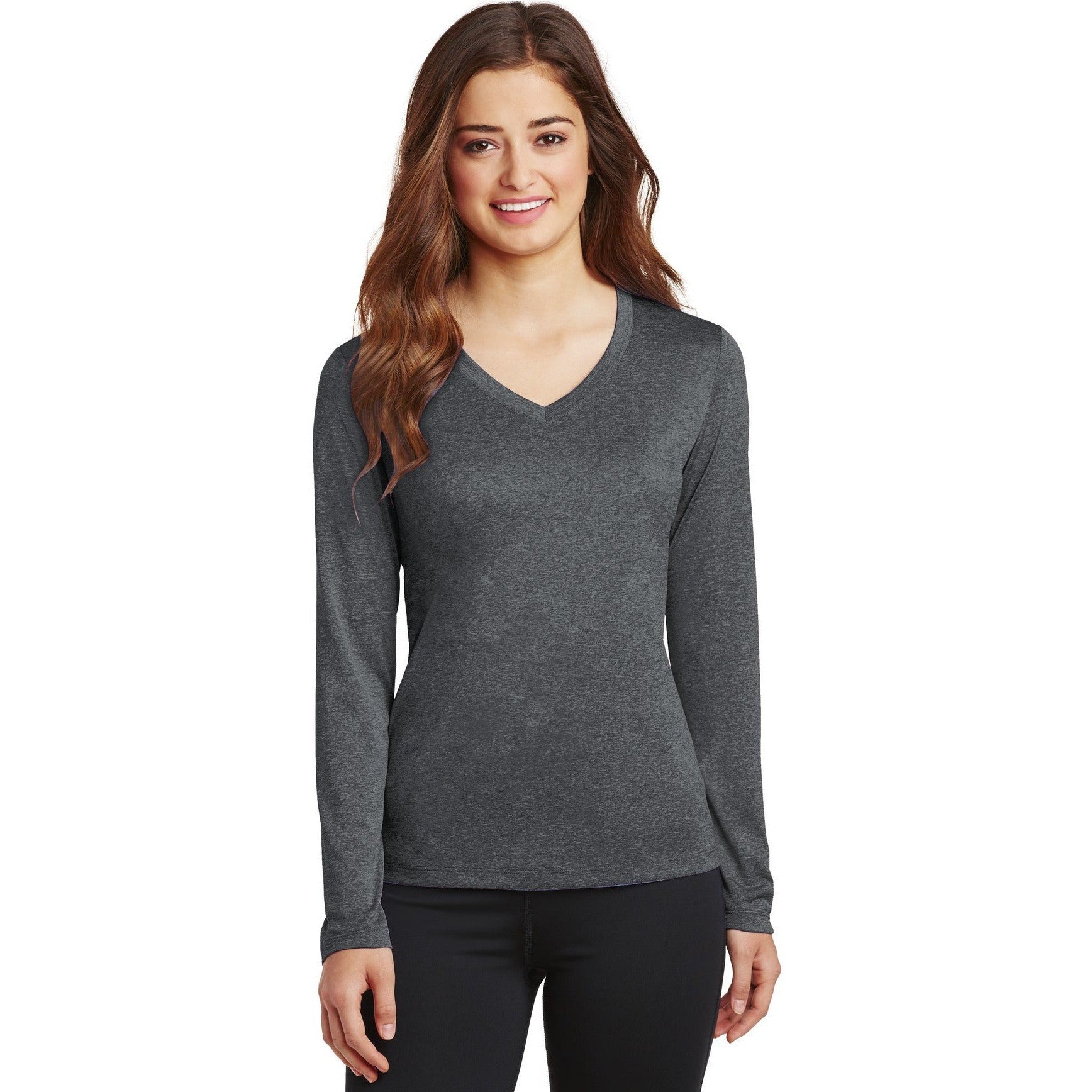 CLOSEOUT - Sport-Tek Ladies Long Sleeve Heather Contender V-Neck Tee