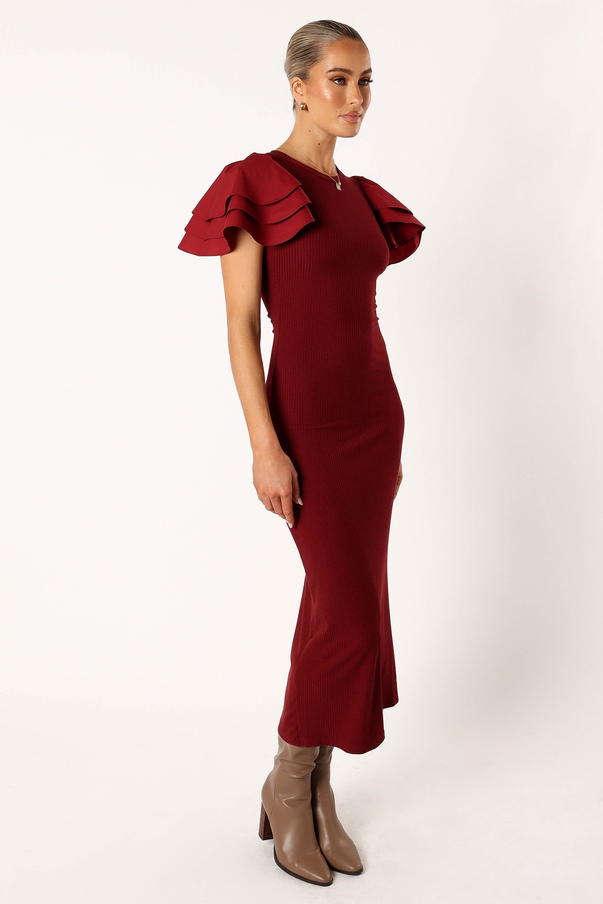 Cally Ruffle Sleeve Midi Dress - Wine