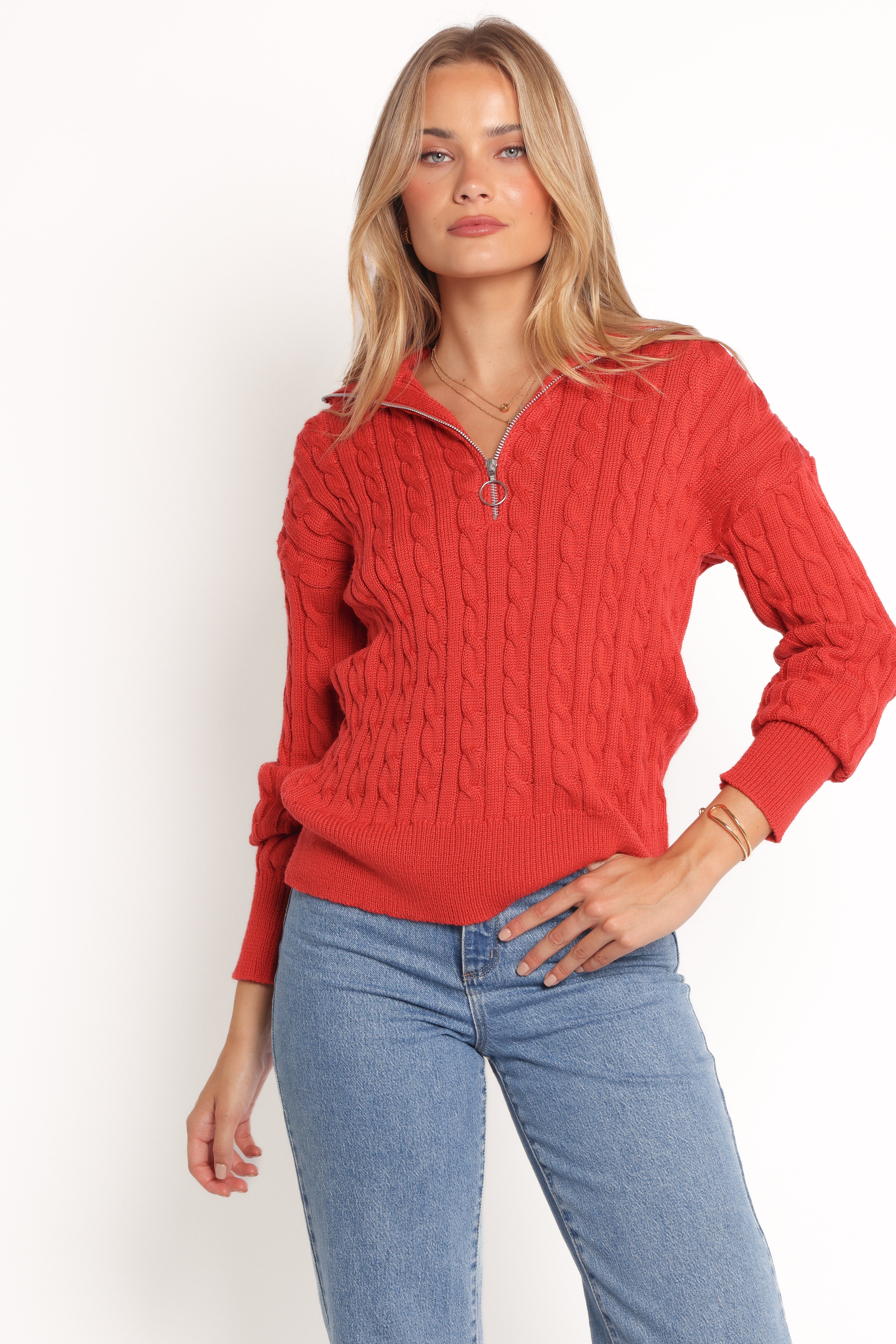 Frida Quarter Zip Knit Sweater - Red