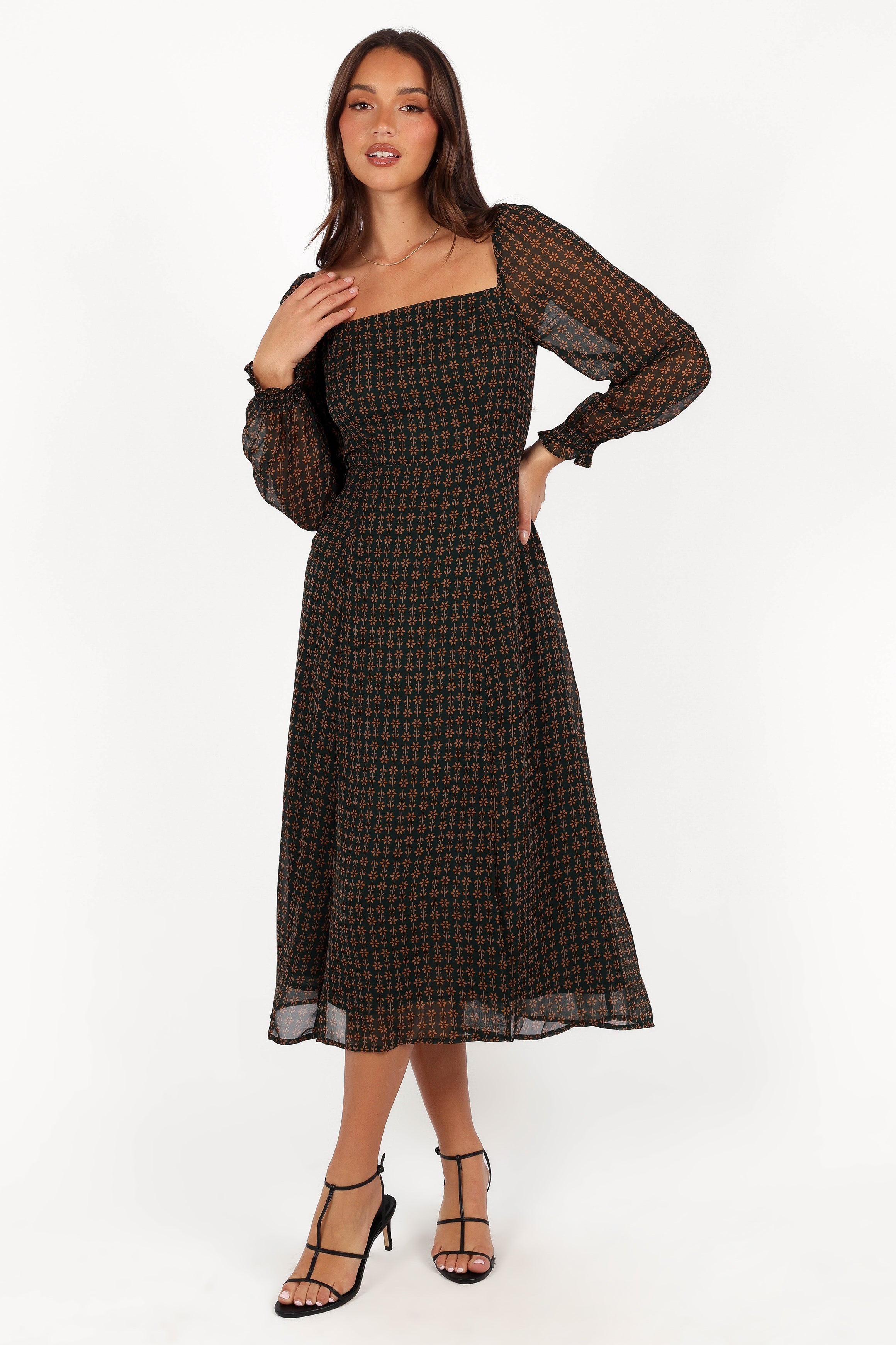 Ettie Long Sleeve Midi Dress - Pine/Tan