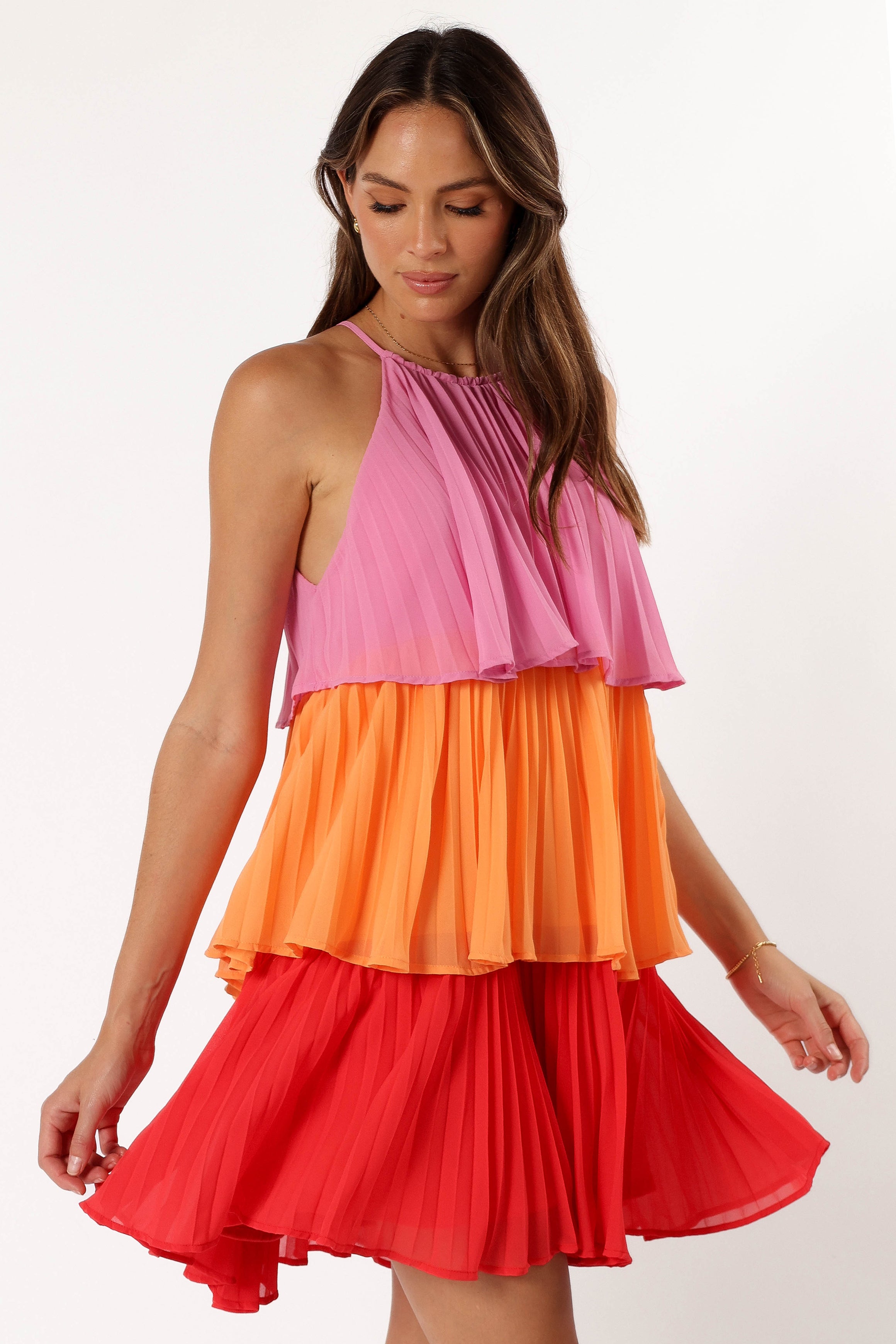 Shortcake Tiered Mini Dress - Pink Orange Red