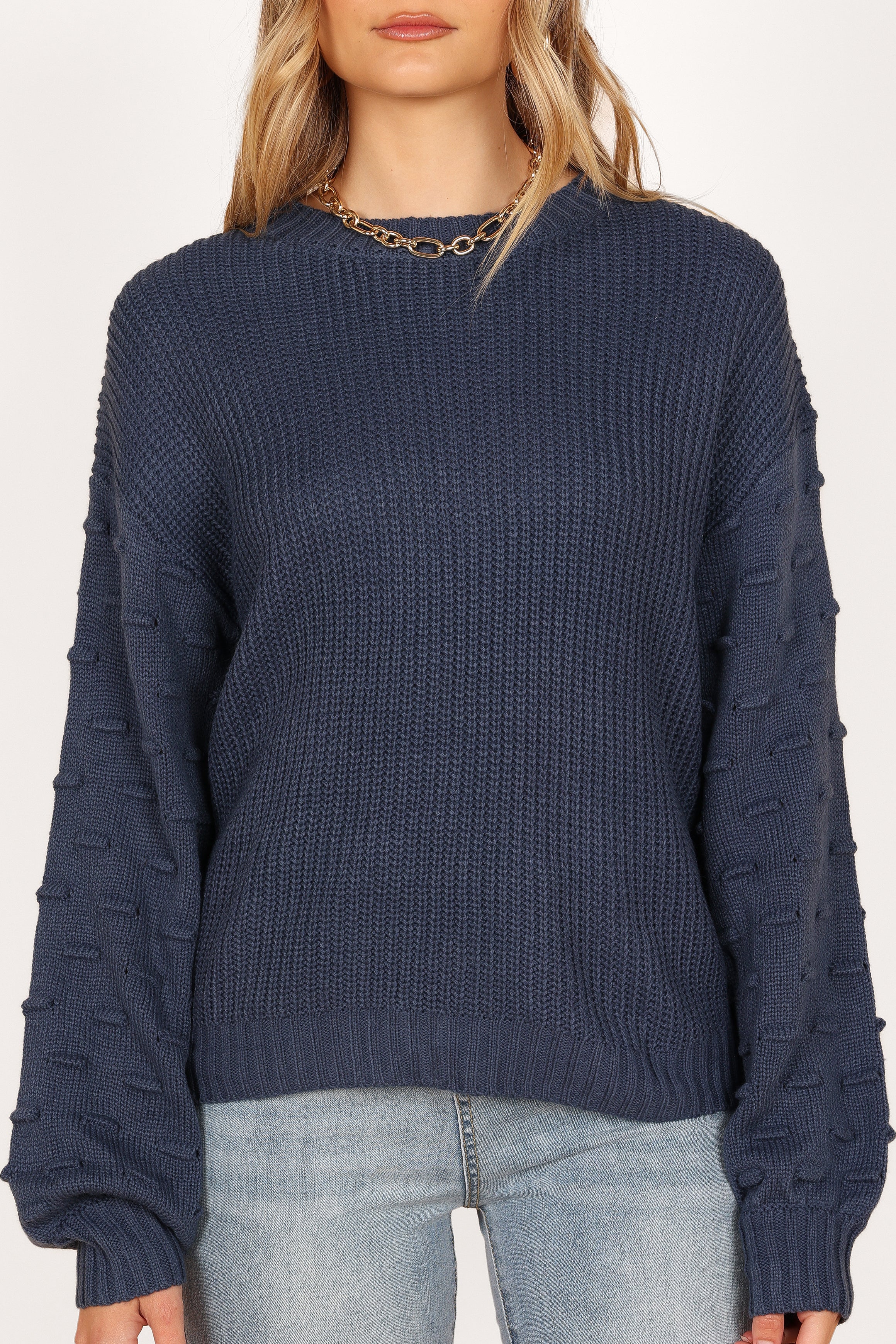 Katrina Textured Sleeve Crewneck Knit Sweater - Midnight Blue