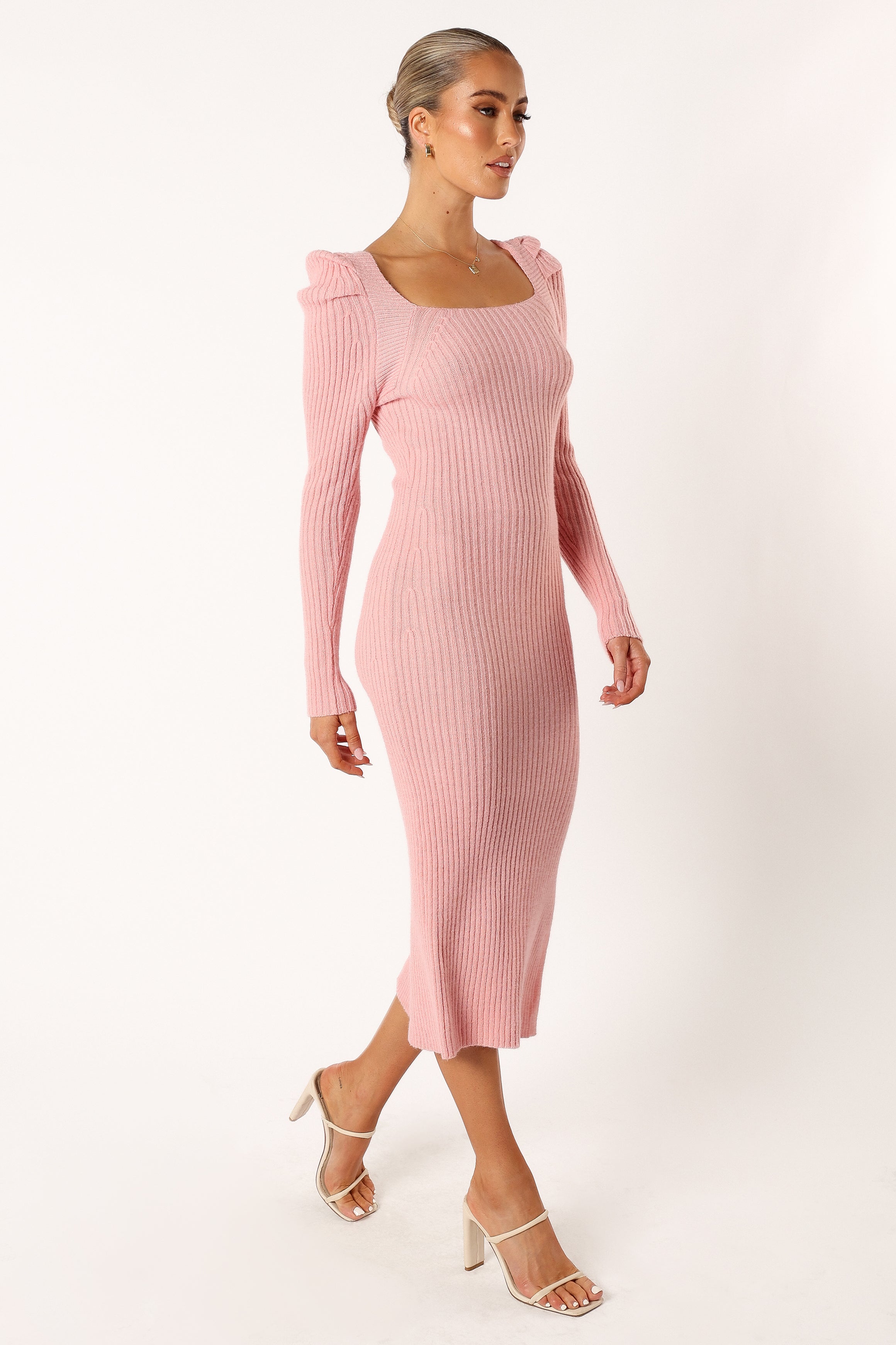 Camryn Puff Sleeve Knit Sweater Midi Dress - Blush