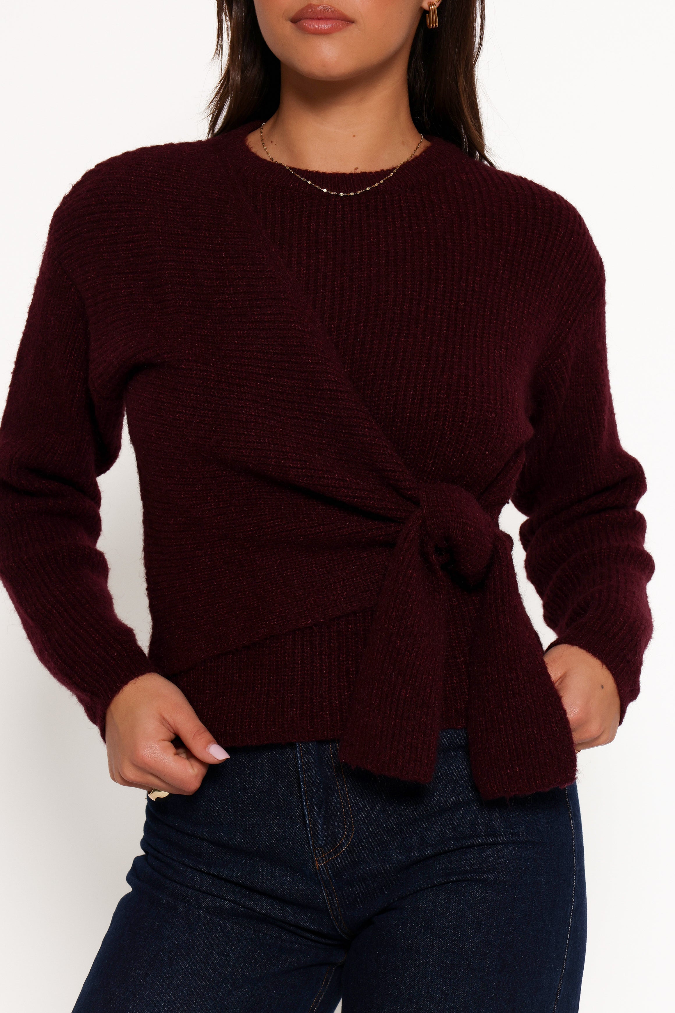 Ettie Wrap Side Tie Knit Sweater - Burgundy