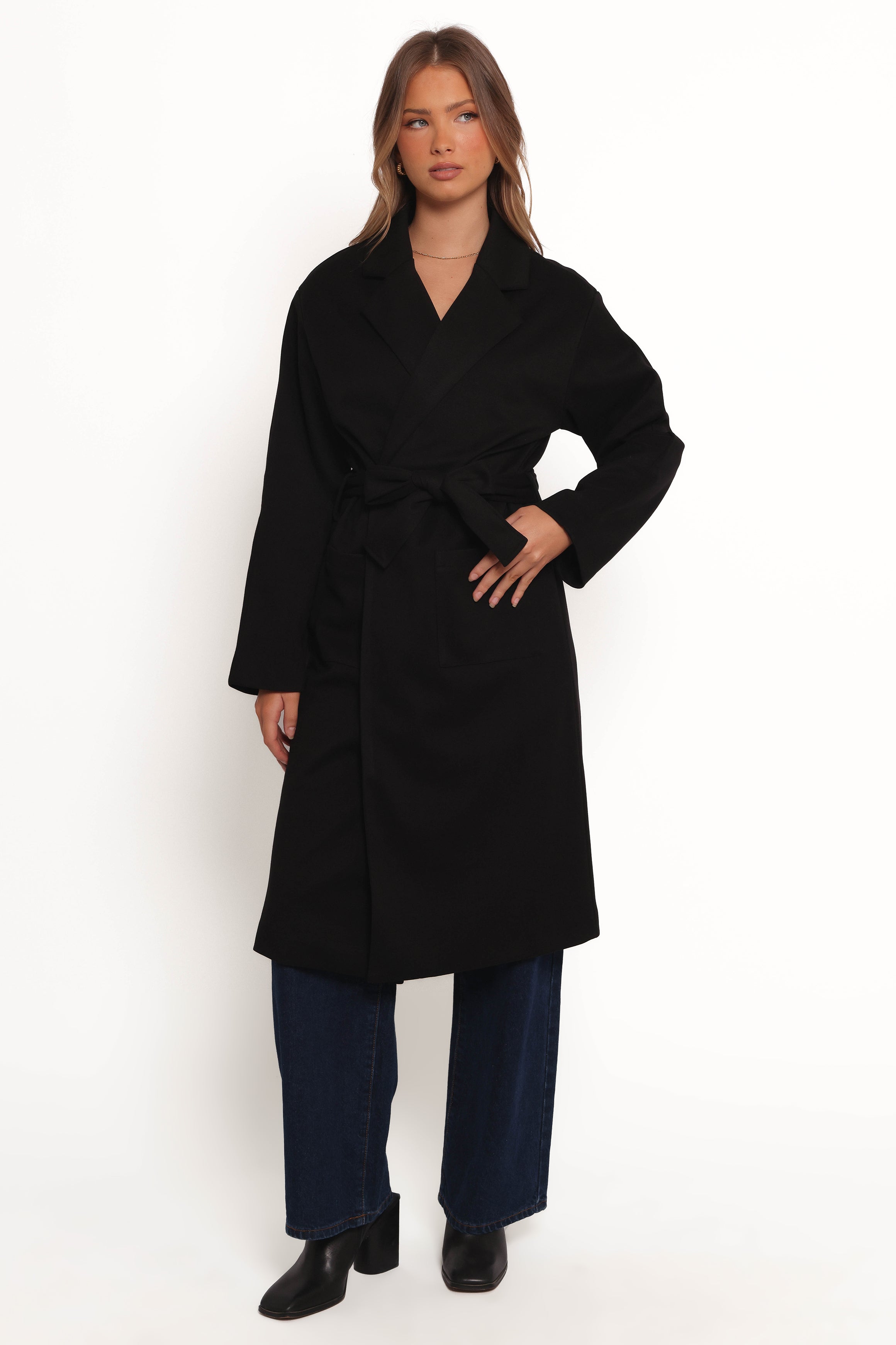 Kloss Tie Front Long Coat - Black