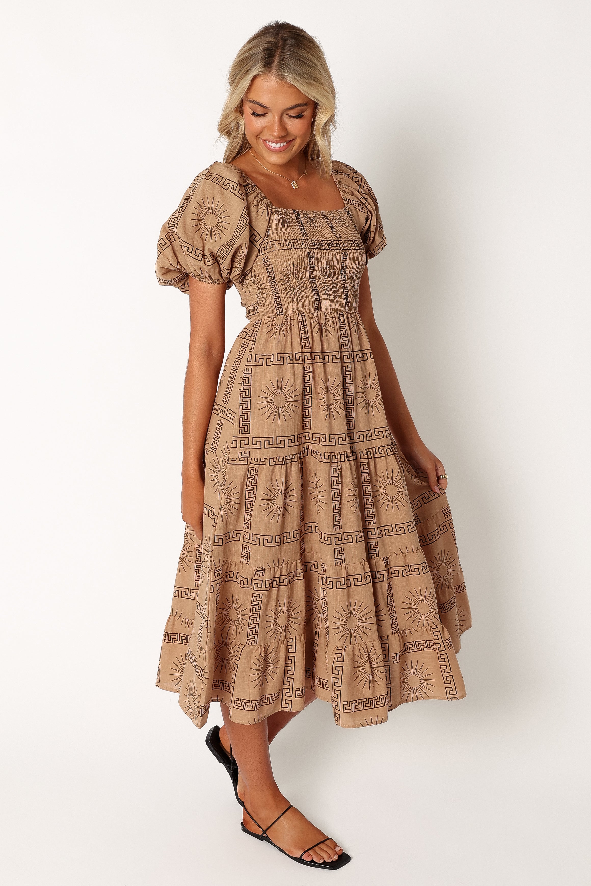 Soliel Puff Sleeve Midi Dress - Tan Black