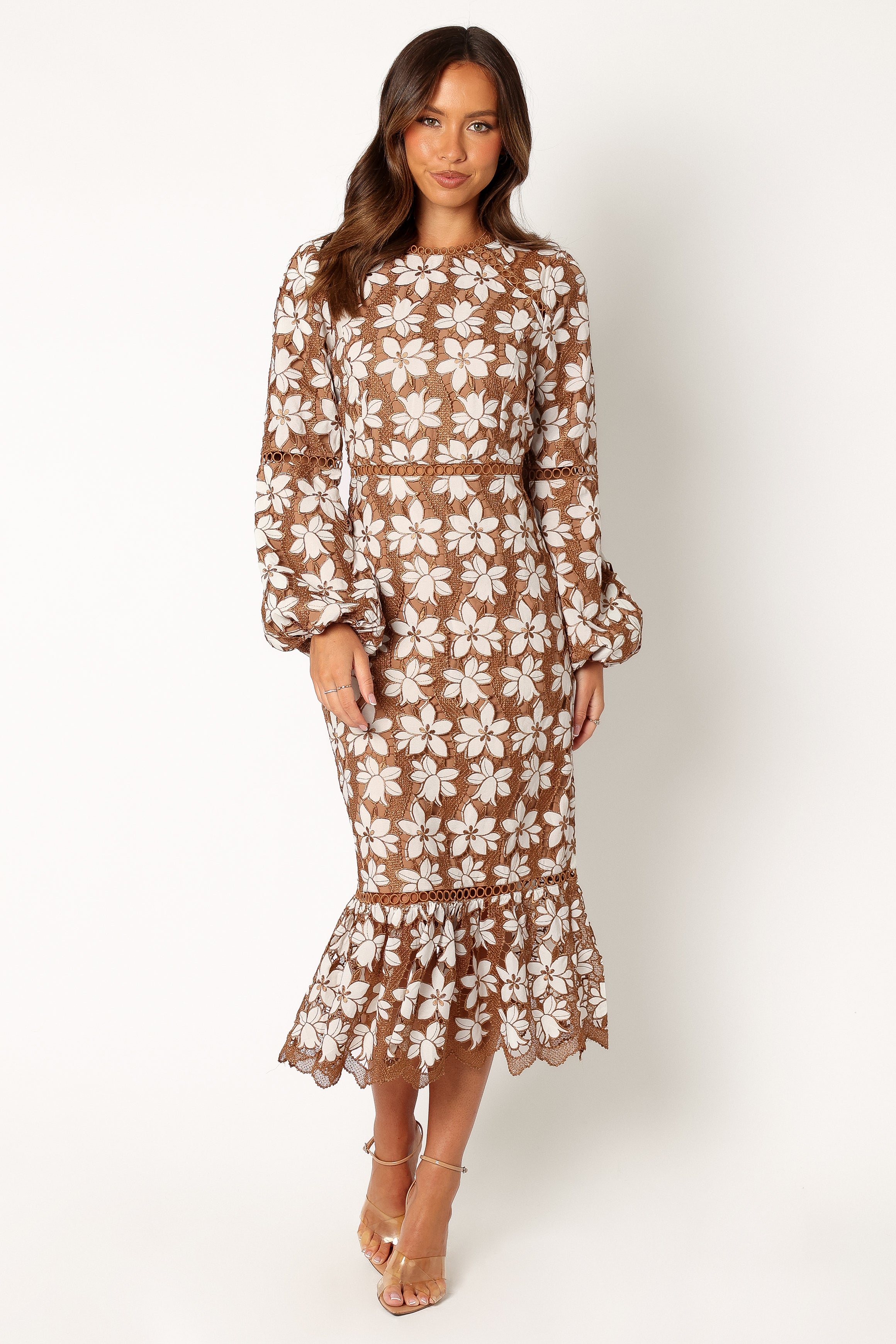 Pierre Long Sleeve Lace Maxi Dress - Mocha