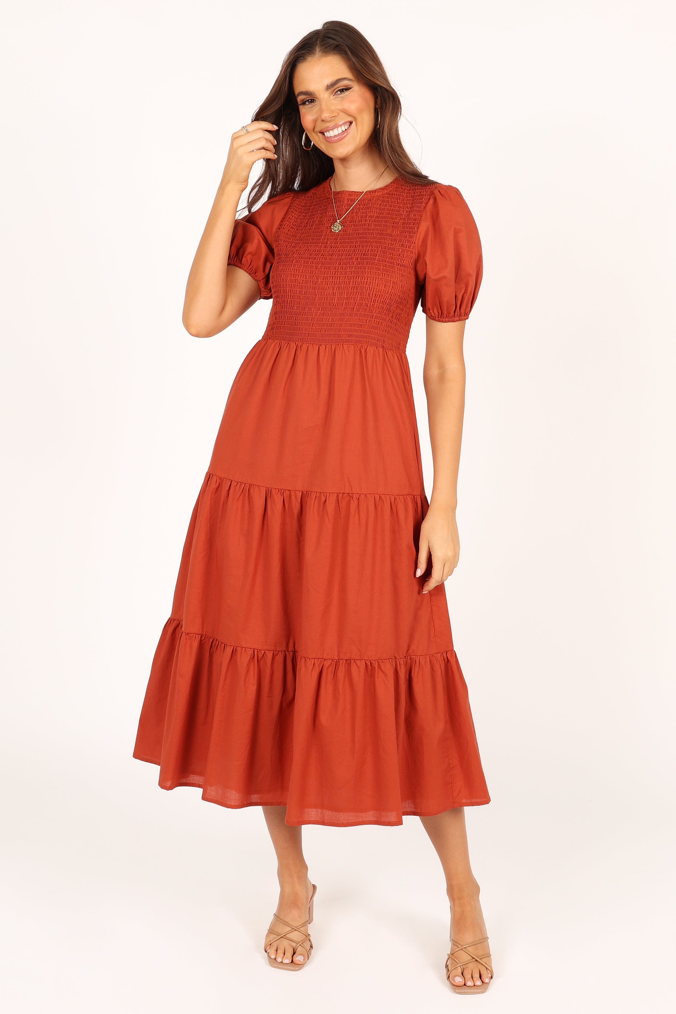 Naura Shirred Tiered Midi Dress - Rust