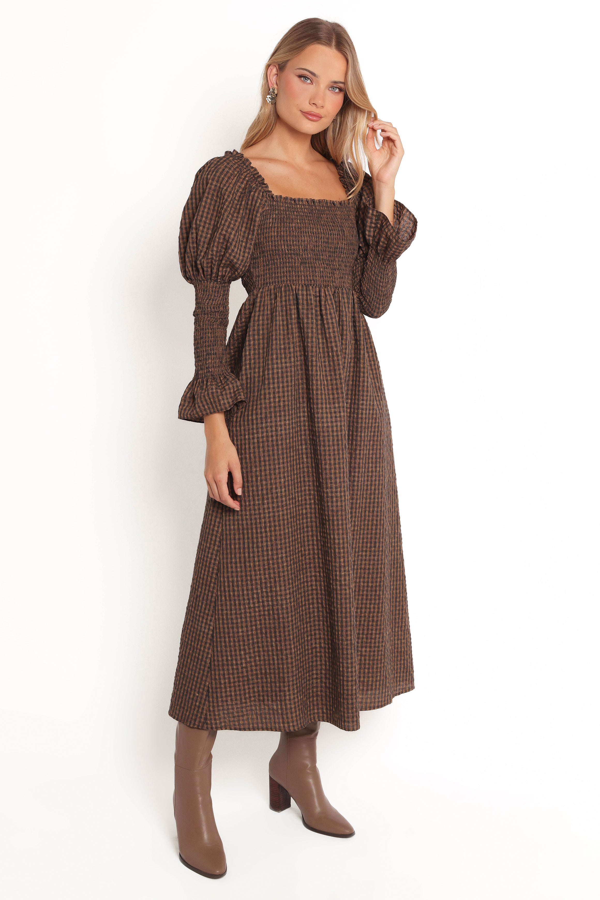 Cyrena Maxi Dress - Brown Check